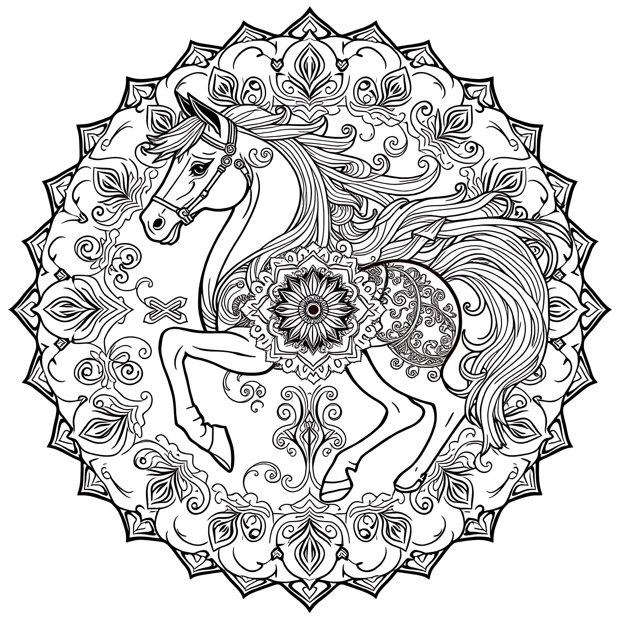 Horse in a Decorative Floral Mandala Coloring Page (free black-and-white line drawing printable PDF for all, from beginners to advanced learners, including children, teens, adults, and seniors)