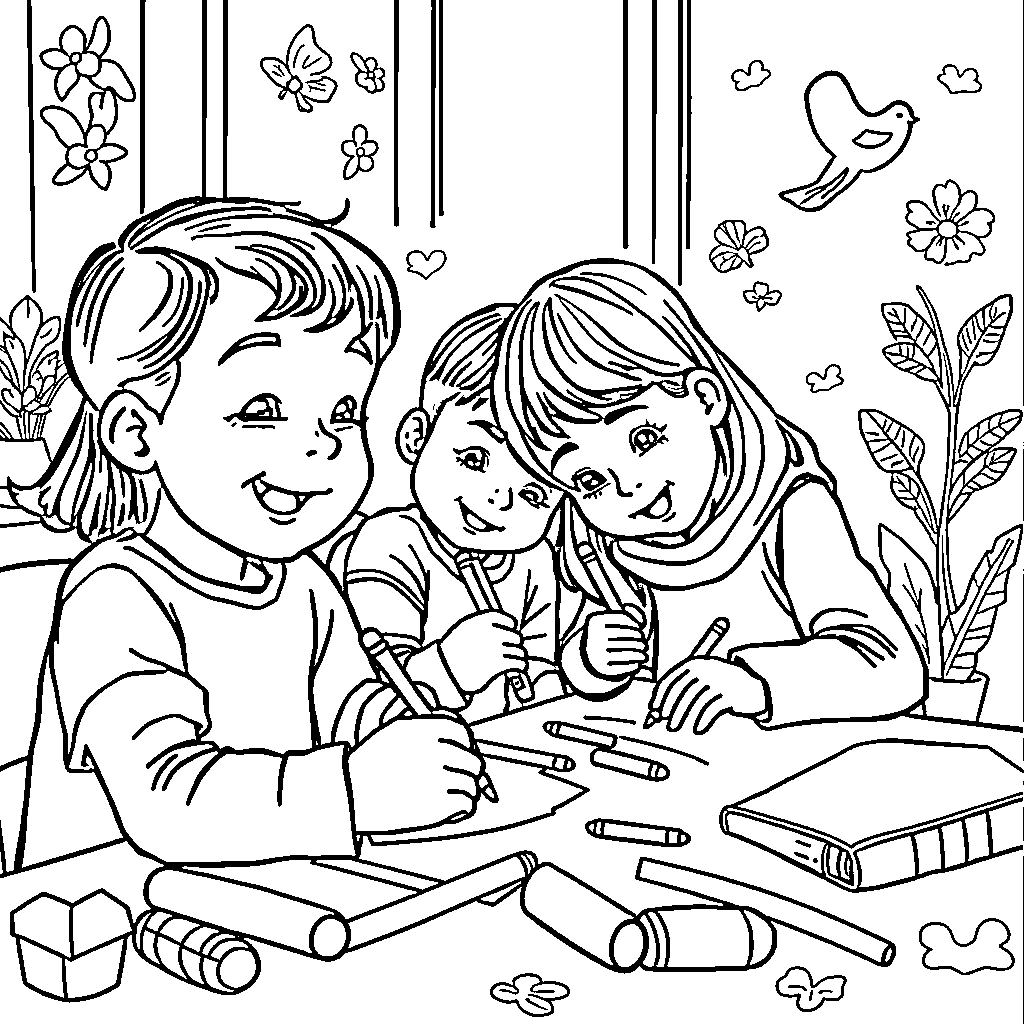 Niños dibujando juntos con alegría Coloring Page (free black-and-white line drawing printable PDF for all, from beginners to advanced learners, including children, teens, adults, and seniors)