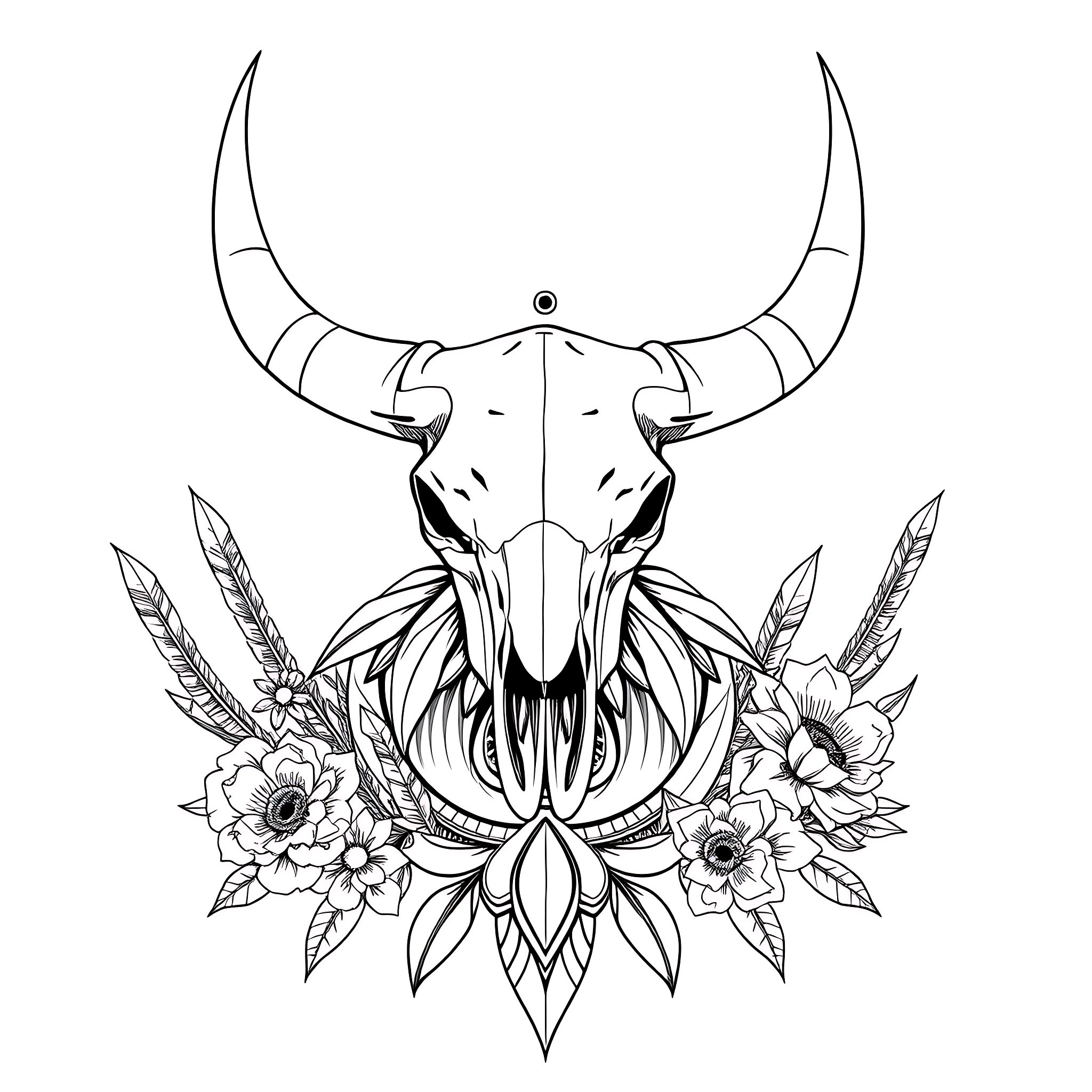 Bull Skull with Floral Ornaments Coloring Page (free black-and-white line drawing printable PDF for all, from beginners to advanced learners, including children, teens, adults, and seniors)