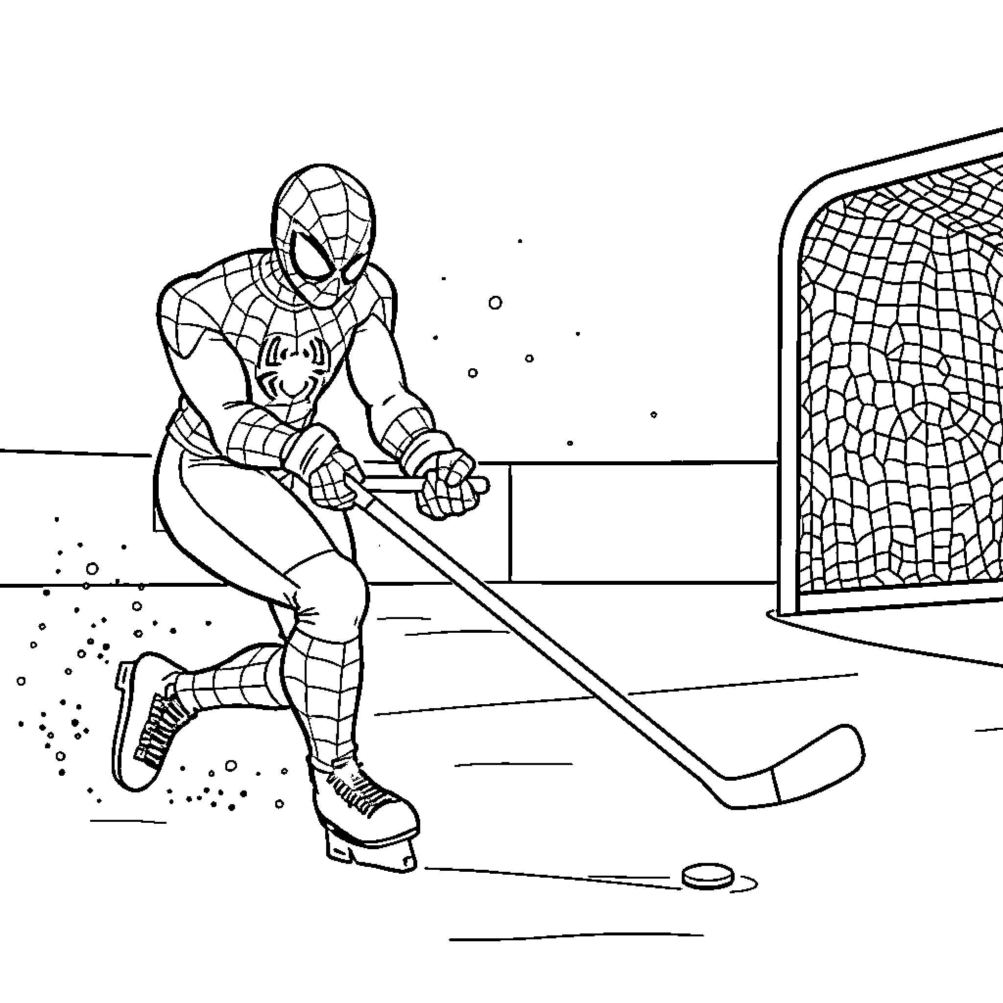 Spiderman playing ice hockey in a rink Coloring Page (free black-and-white line drawing printable PDF for all, from beginners to advanced learners, including children, teens, adults, and seniors)