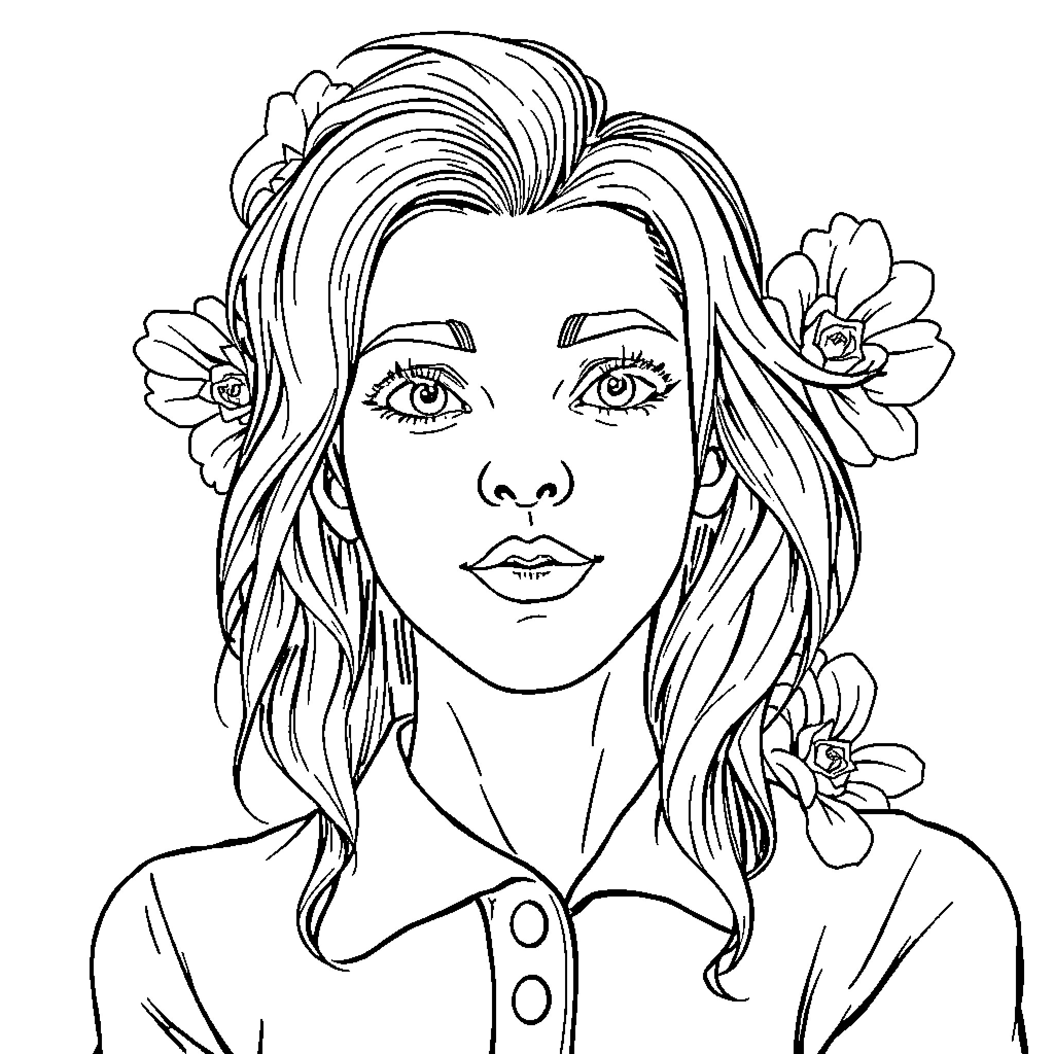 Fee with Floral Adornments and Serene Expression Coloring Page (free black-and-white line drawing printable PDF for all, from beginners to advanced learners, including children, teens, adults, and seniors)