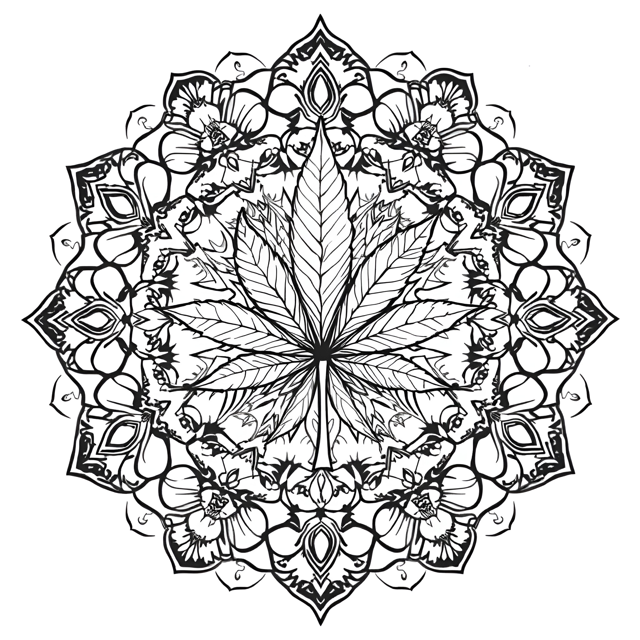 Cannabis Leaf in Ornamental Floral Mandala Pattern Coloring Page (free black-and-white line drawing printable PDF for all, from beginners to advanced learners, including children, teens, adults, and seniors)