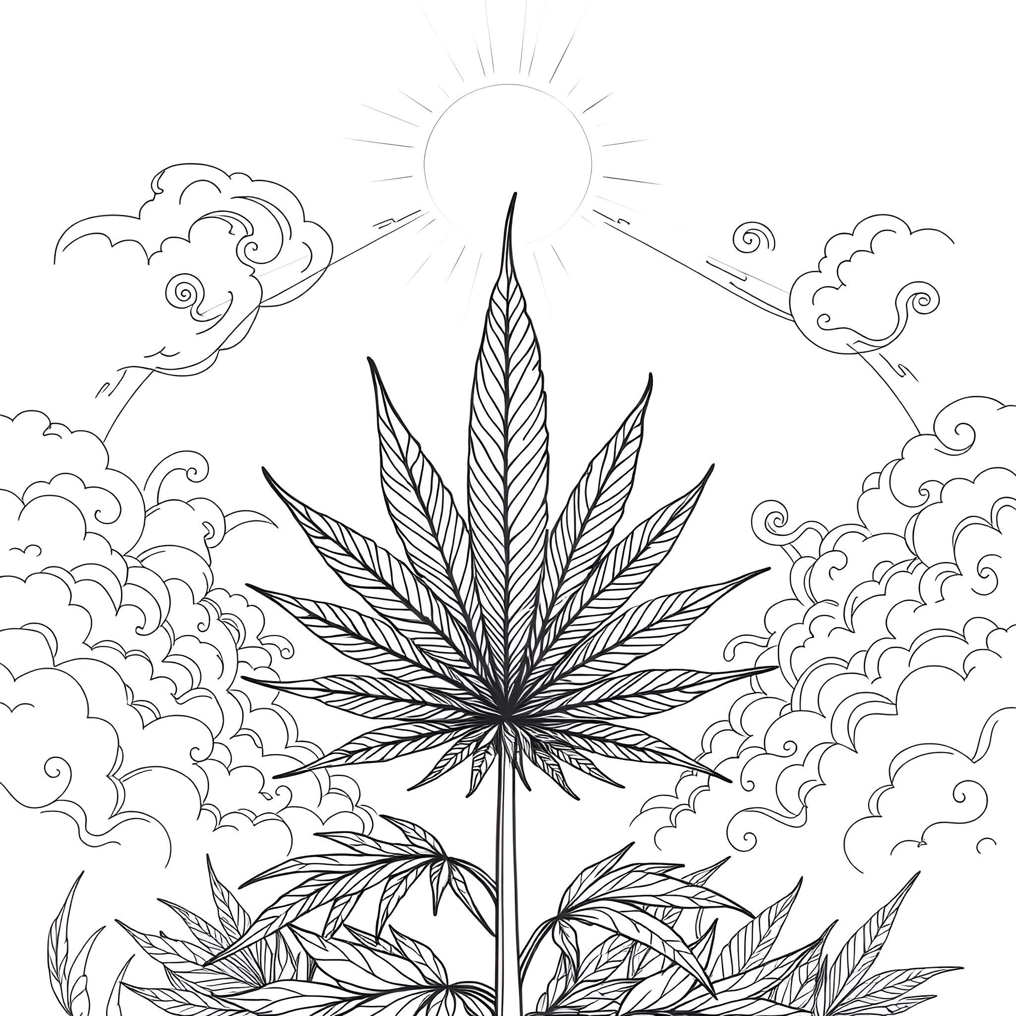 Cannabis Leaf Emerging from Clouds under Shining Sun Coloring Page (free black-and-white line drawing printable PDF for all, from beginners to advanced learners, including children, teens, adults, and seniors)