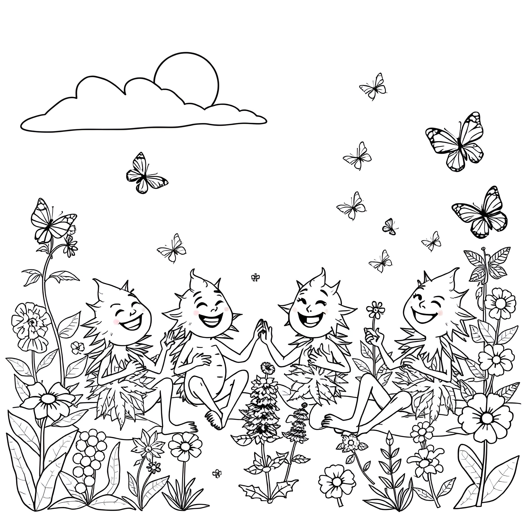 Cannabis creatures frolicking in a whimsical floral landscape Coloring Page (free black-and-white line drawing printable PDF for all, from beginners to advanced learners, including children, teens, adults, and seniors)