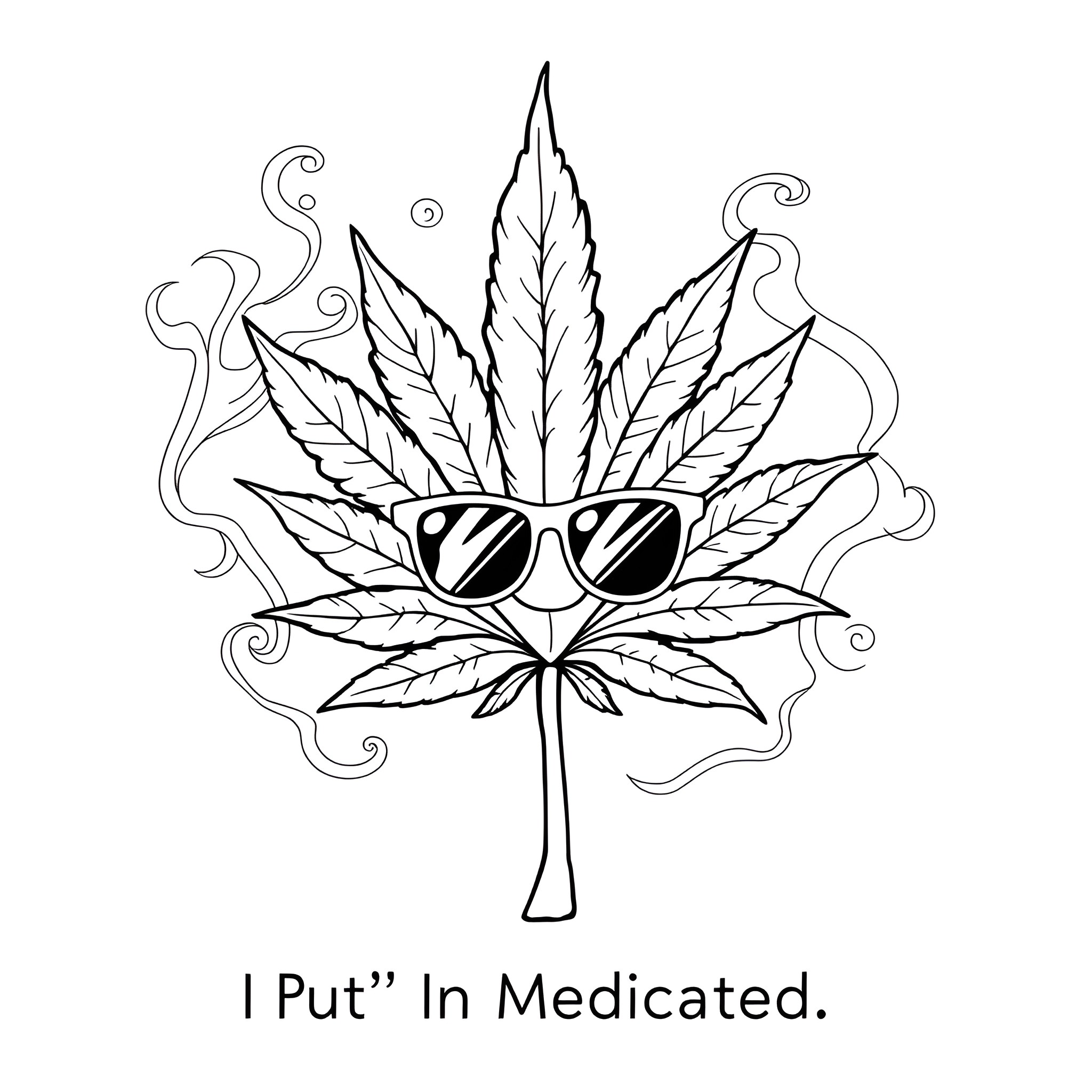 Cannabis leaf with sunglasses exuding a medicated vibe Coloring Page (free black-and-white line drawing printable PDF for all, from beginners to advanced learners, including children, teens, adults, and seniors)