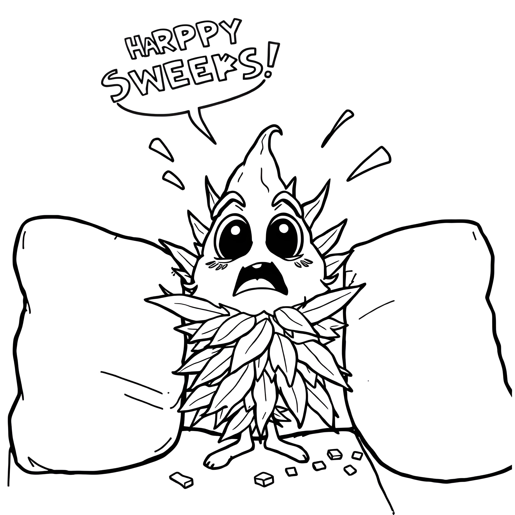 Cannabis character exclaiming 'Happy Weeks!' Coloring Page (free black-and-white line drawing printable PDF for all, from beginners to advanced learners, including children, teens, adults, and seniors)