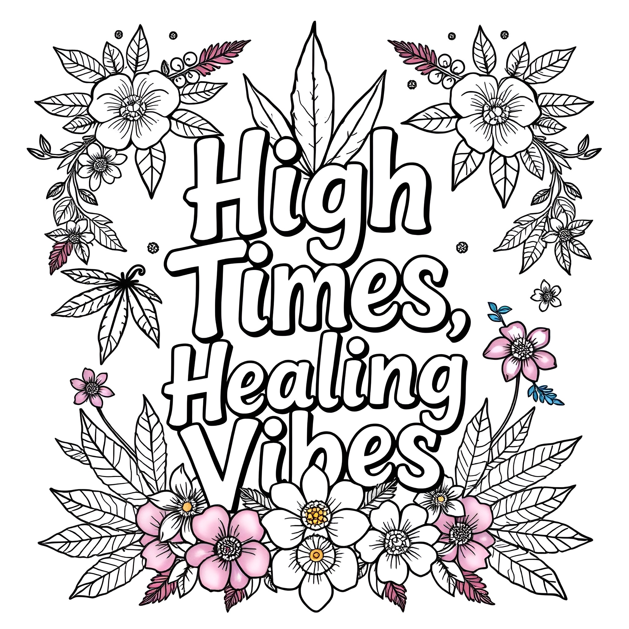 Flower illustration with text and floral elements Coloring Page (free black-and-white line drawing printable PDF for all, from beginners to advanced learners, including children, teens, adults, and seniors)