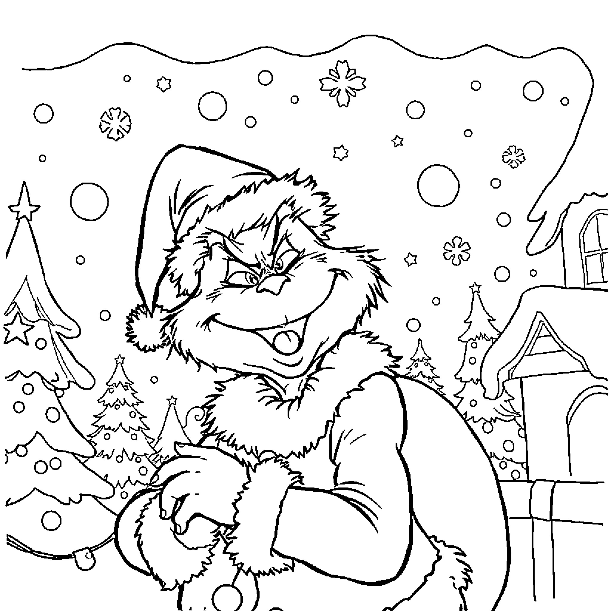 Grinch Enjoying the Winter Wonderland Coloring Page (free black-and-white line drawing printable PDF for all, from beginners to advanced learners, including children, teens, adults, and seniors)