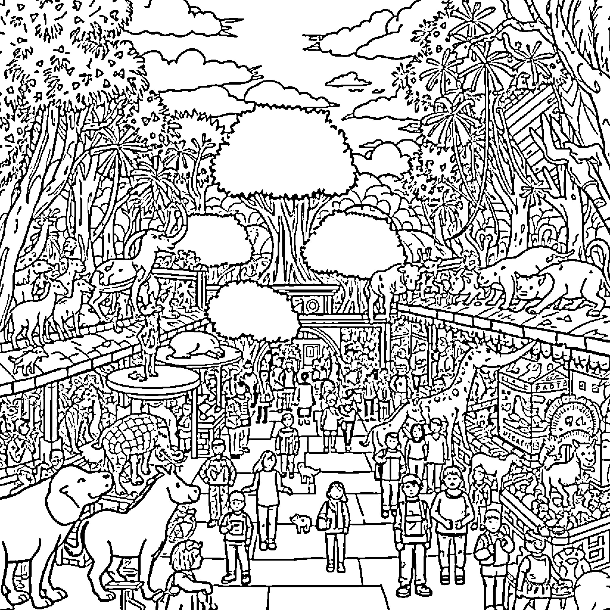 Animal Gathering in Vibrant Outdoor Scene Coloring Page (free black-and-white line drawing printable PDF for all, from beginners to advanced learners, including children, teens, adults, and seniors)