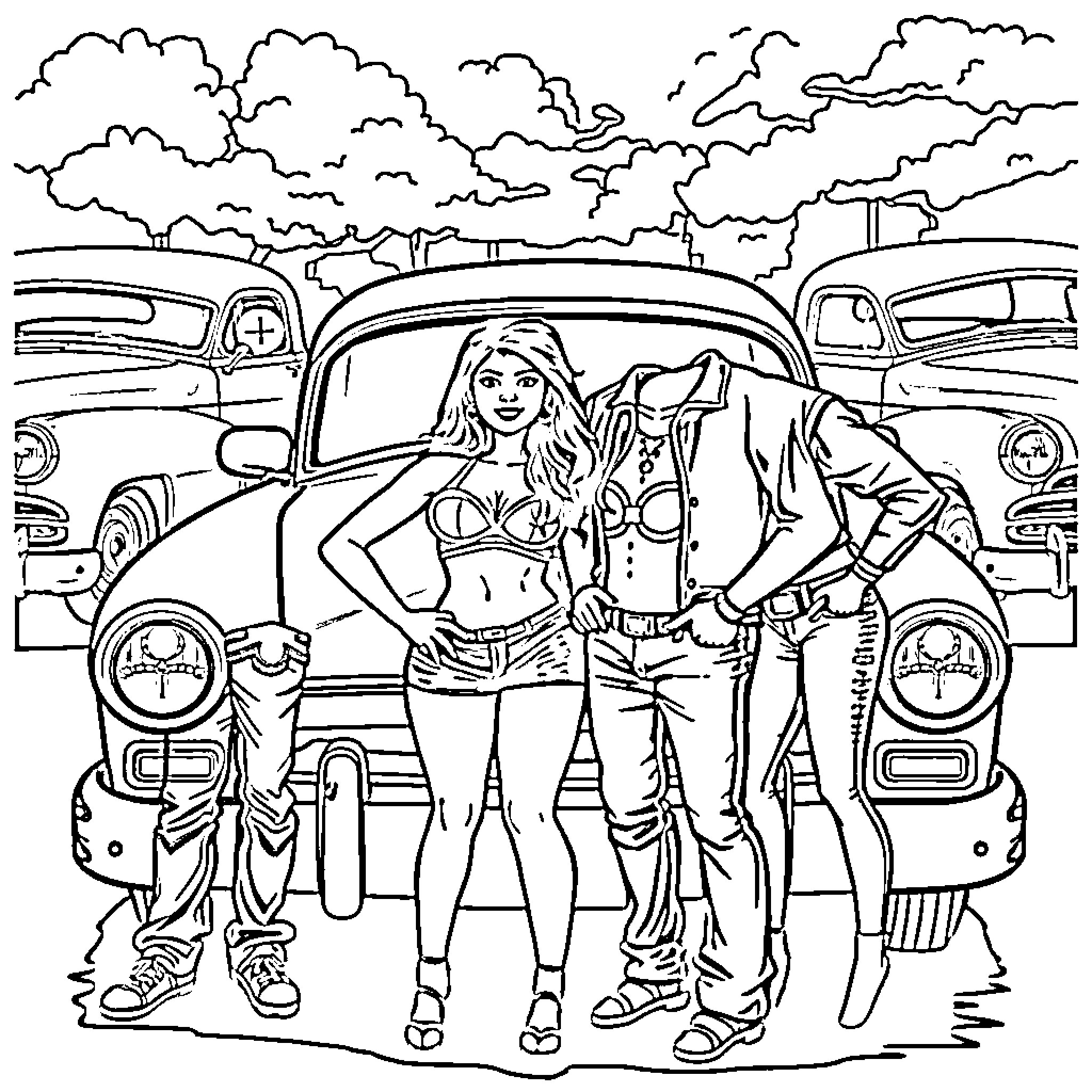 Cholo Couple Posing Stylishly with Classic Cars Coloring Page (free black-and-white line drawing printable PDF for all, from beginners to advanced learners, including children, teens, adults, and seniors)