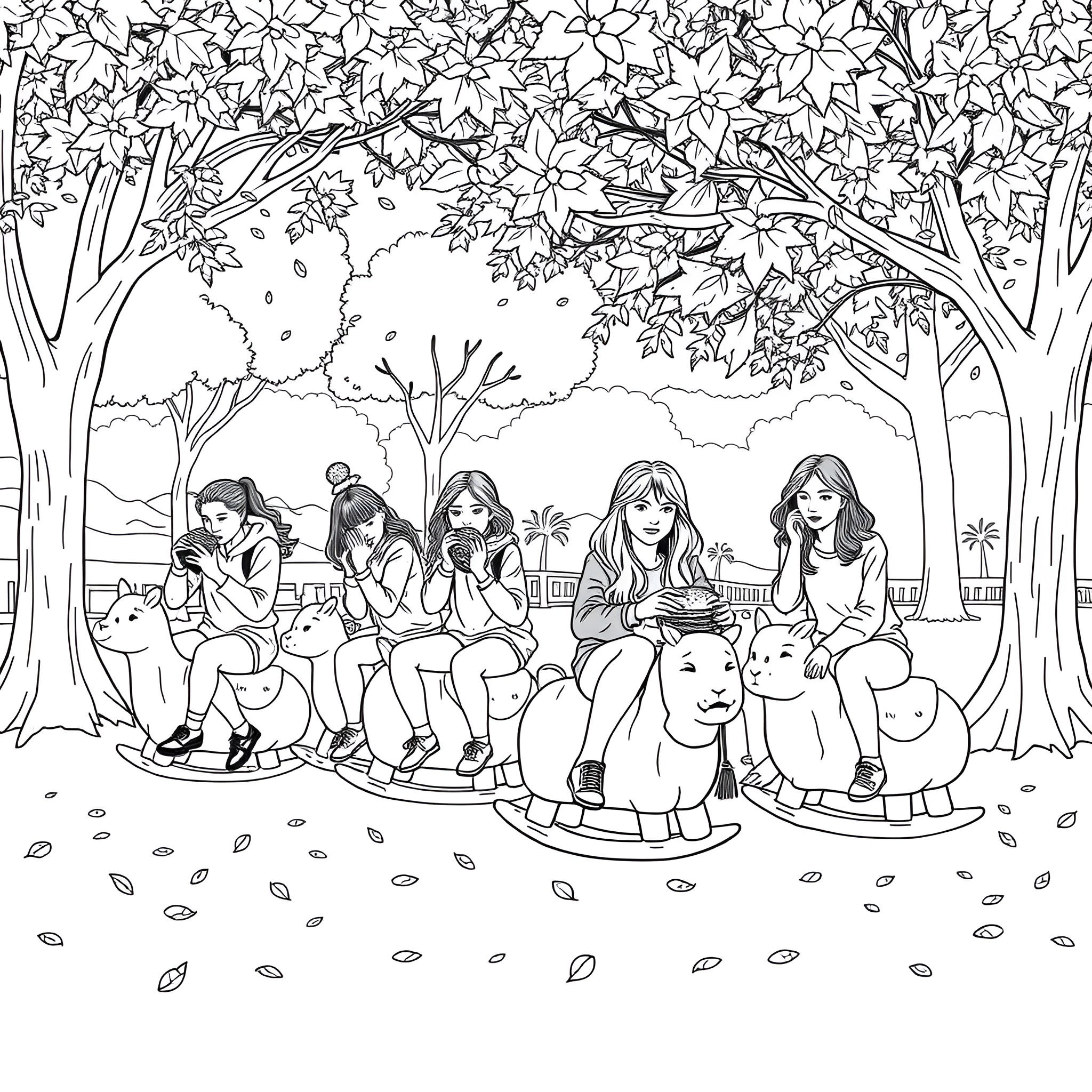 Teen girls relaxing together in a fall-themed park Coloring Page (free black-and-white line drawing printable PDF for all, from beginners to advanced learners, including children, teens, adults, and seniors)