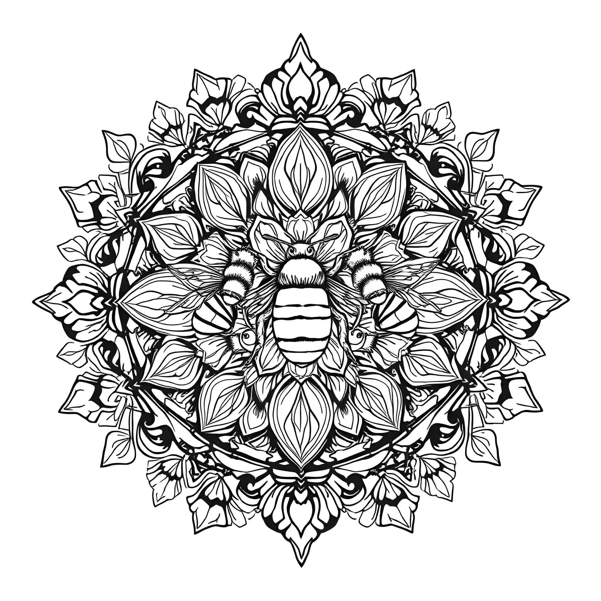 Bee mandala with intricate floral patterns Coloring Page (free black-and-white line drawing printable PDF for all, from beginners to advanced learners, including children, teens, adults, and seniors)