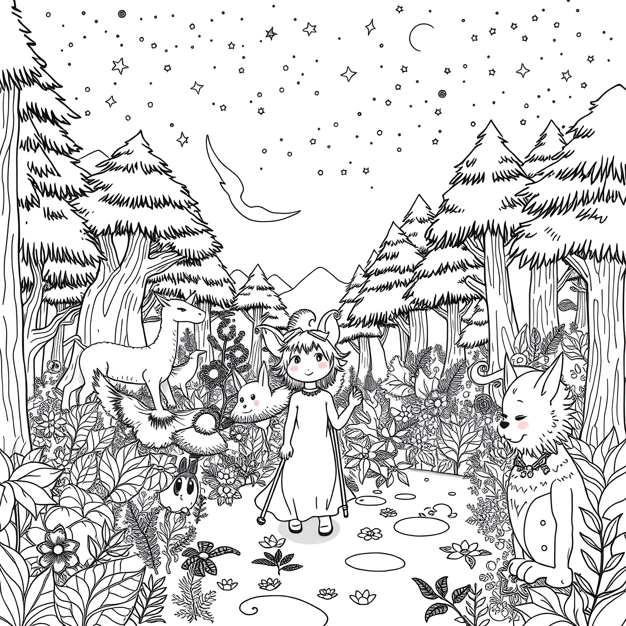 Owl House: Characters Exploring the Enchanted Forest Coloring Page (free black-and-white line drawing printable PDF for all, from beginners to advanced learners, including children, teens, adults, and seniors)