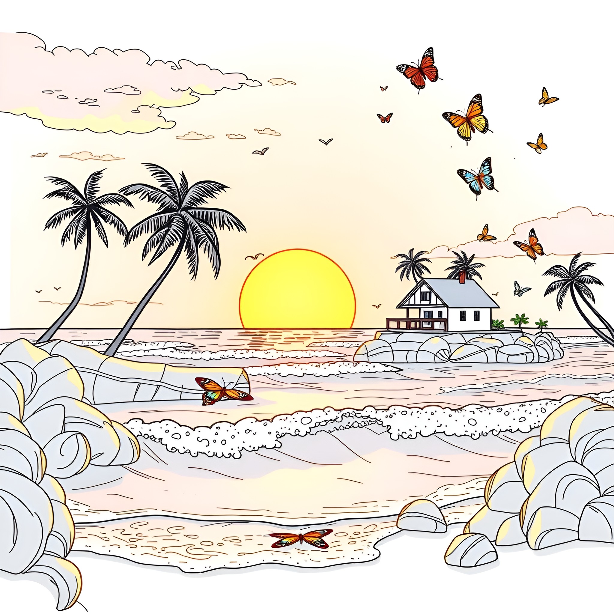 Ocean scene with palm trees, sunset, and butterflies Coloring Page (free black-and-white line drawing printable PDF for all, from beginners to advanced learners, including children, teens, adults, and seniors)