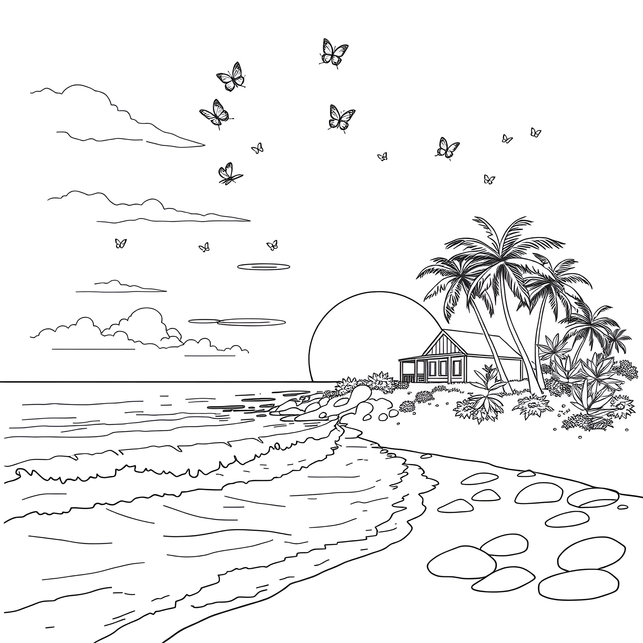 Ocean scenic with palm trees and butterflies Coloring Page (free black-and-white line drawing printable PDF for all, from beginners to advanced learners, including children, teens, adults, and seniors)