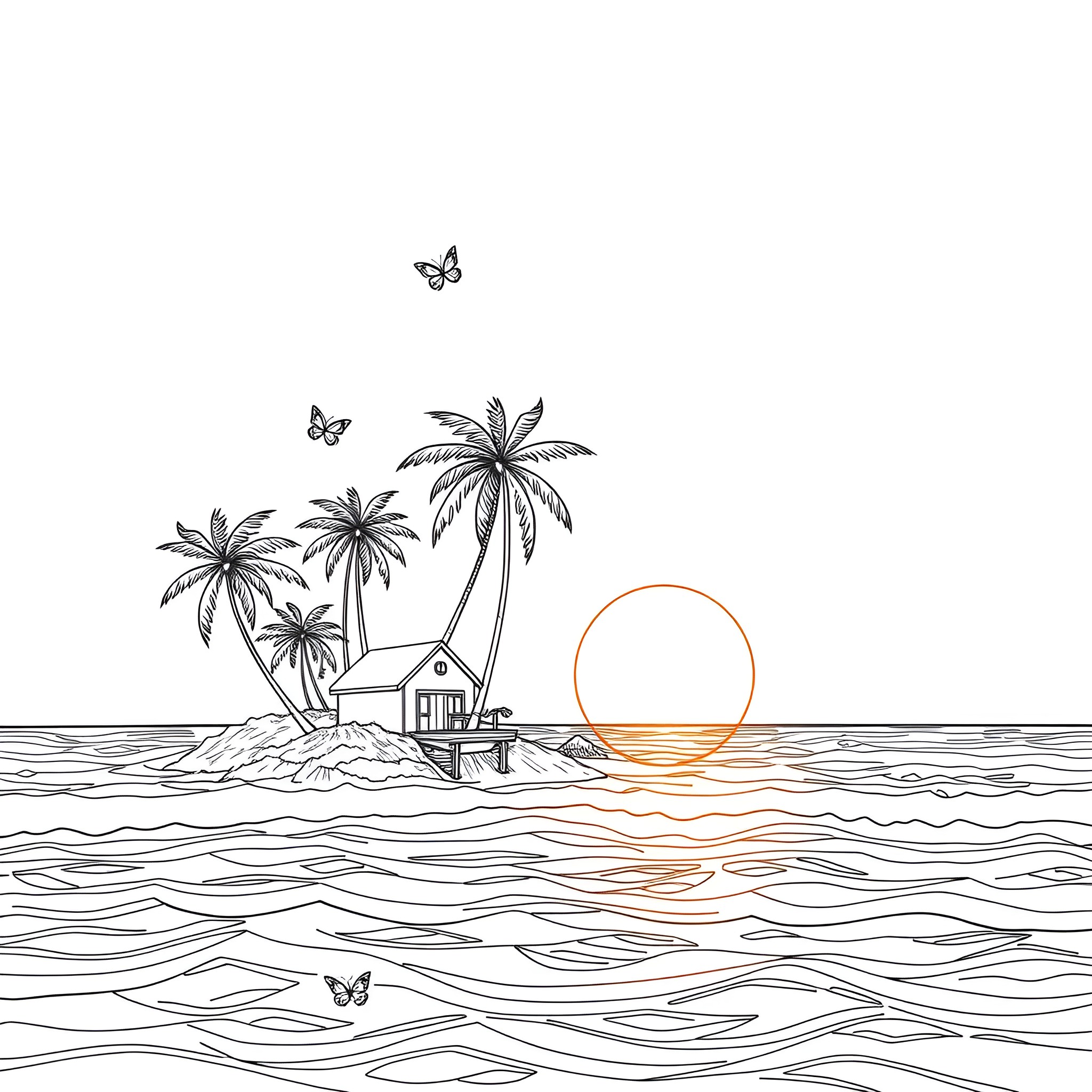Ocean scene with palm trees and sunset Coloring Page (free black-and-white line drawing printable PDF for all, from beginners to advanced learners, including children, teens, adults, and seniors)