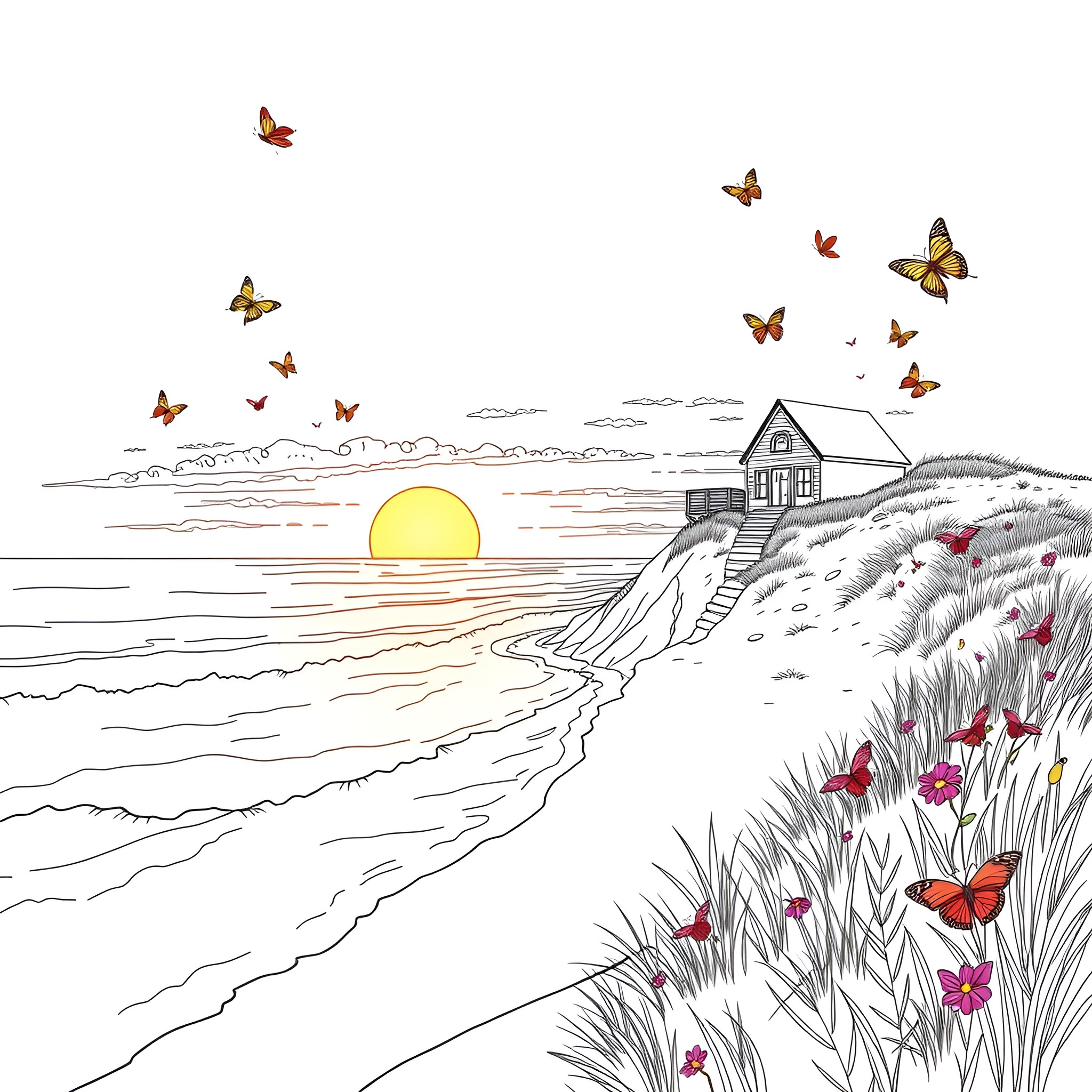 Ocean scene with butterflies and a beach house Coloring Page (free black-and-white line drawing printable PDF for all, from beginners to advanced learners, including children, teens, adults, and seniors)