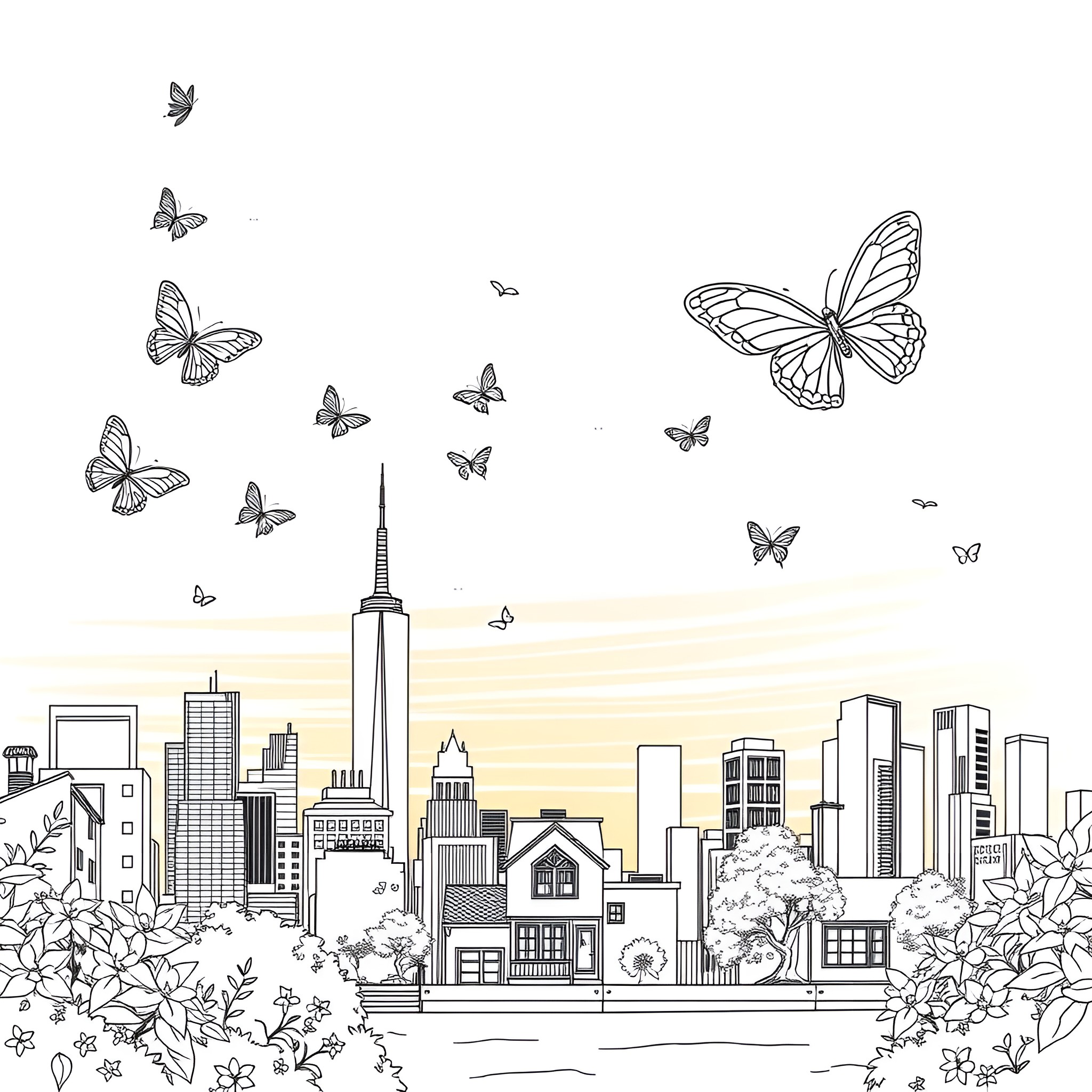 NYC skyline with butterflies and nature elements Coloring Page (free black-and-white line drawing printable PDF for all, from beginners to advanced learners, including children, teens, adults, and seniors)