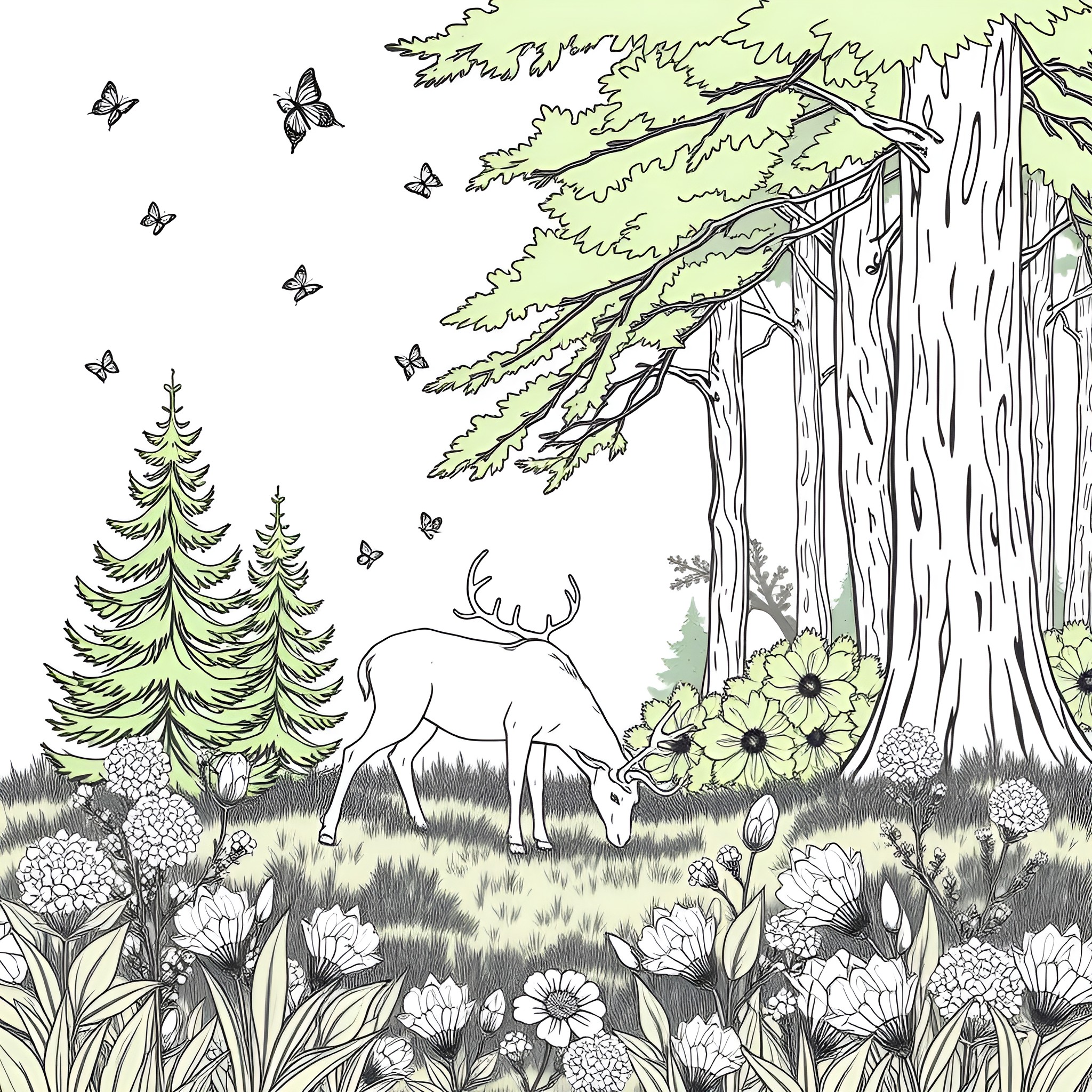 Reindeer grazing peacefully in the forest Coloring Page (free black-and-white line drawing printable PDF for all, from beginners to advanced learners, including children, teens, adults, and seniors)