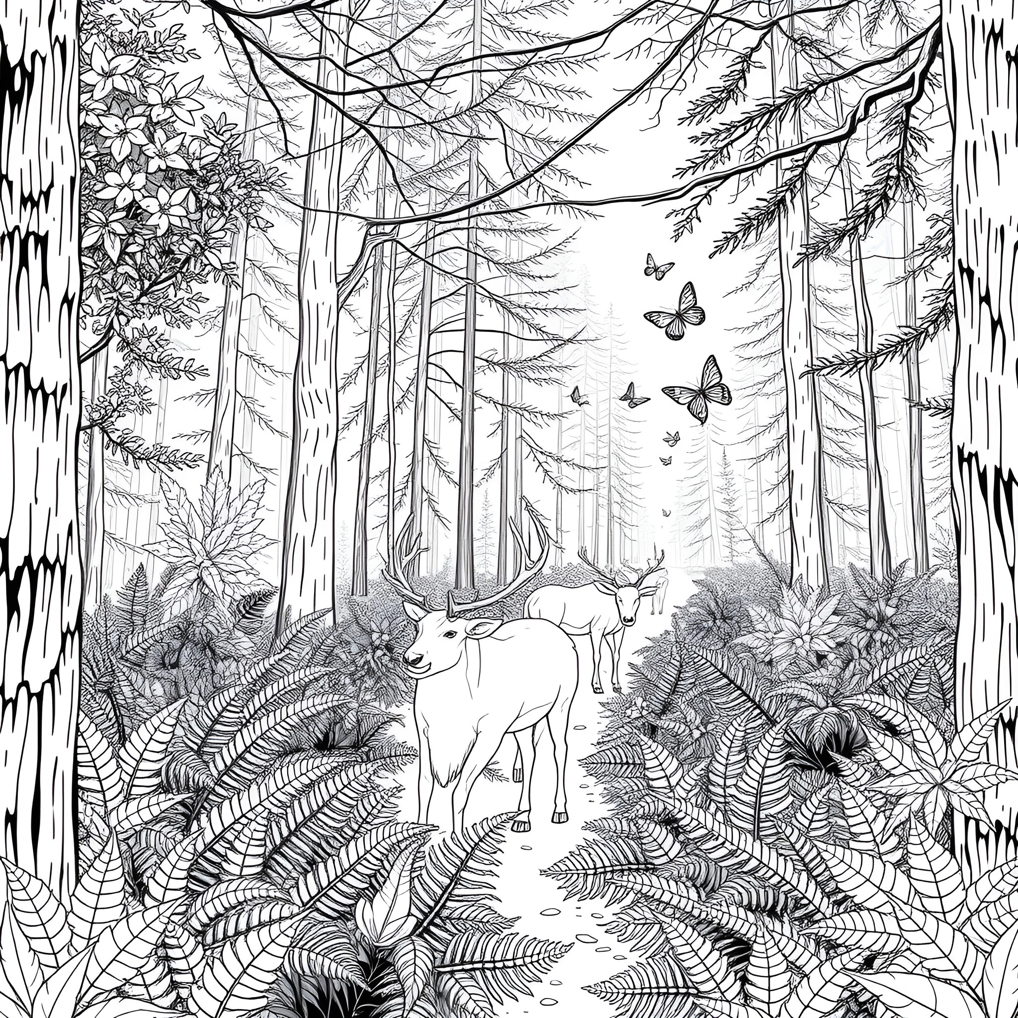 Reindeer in an enchanted forest with butterflies Coloring Page (free black-and-white line drawing printable PDF for all, from beginners to advanced learners, including children, teens, adults, and seniors)