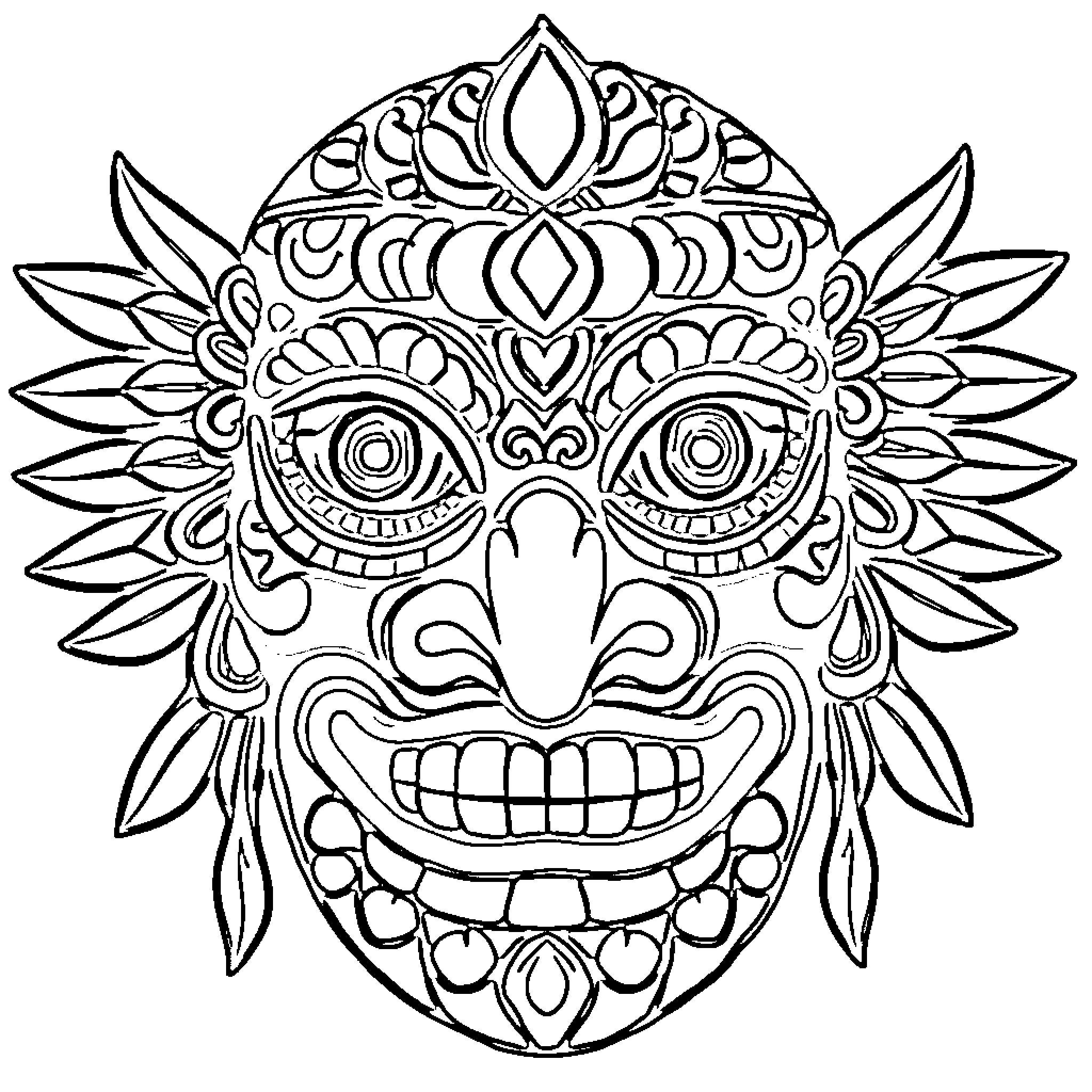 Kanak Mask with Intricate Tribal Designs Coloring Page (free black-and-white line drawing printable PDF for all, from beginners to advanced learners, including children, teens, adults, and seniors)