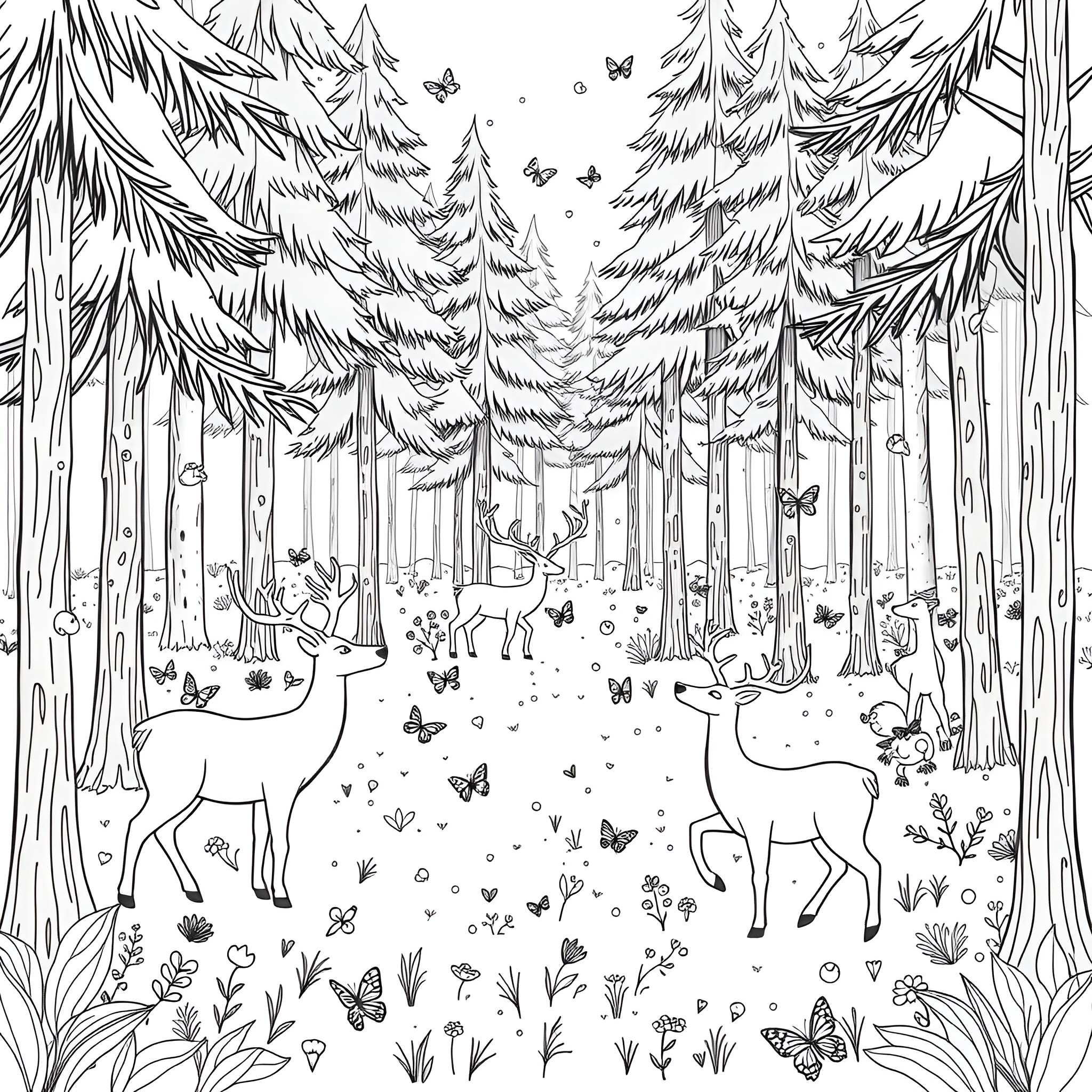 Reindeer frolicking in a magical forest Coloring Page (free black-and-white line drawing printable PDF for all, from beginners to advanced learners, including children, teens, adults, and seniors)