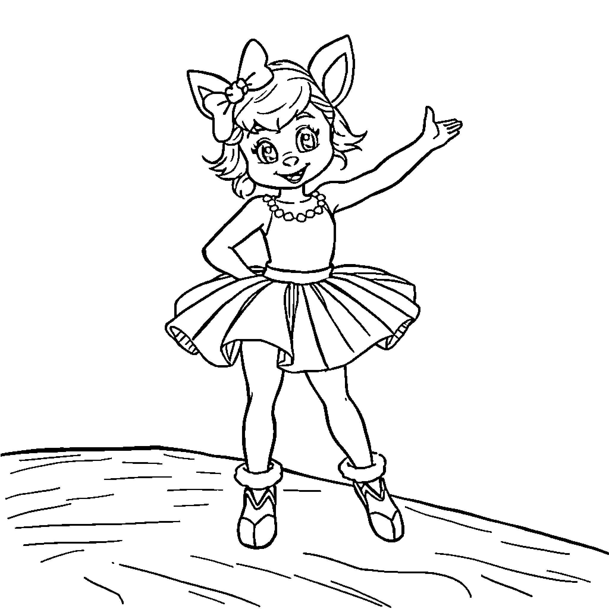 Huntryx Joyful Dancer in Dress and Pearls Coloring Page (free black-and-white line drawing printable PDF for all, from beginners to advanced learners, including children, teens, adults, and seniors)