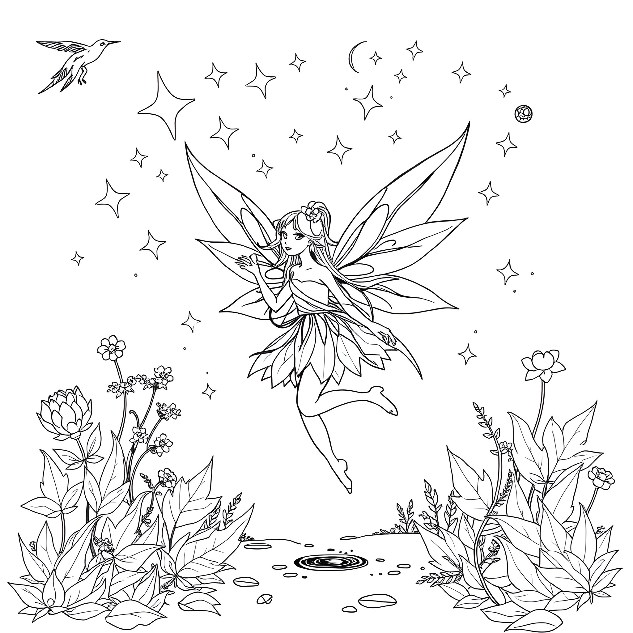 Fairy dancing amidst stars and flowers Coloring Page (free black-and-white line drawing printable PDF for all, from beginners to advanced learners, including children, teens, adults, and seniors)