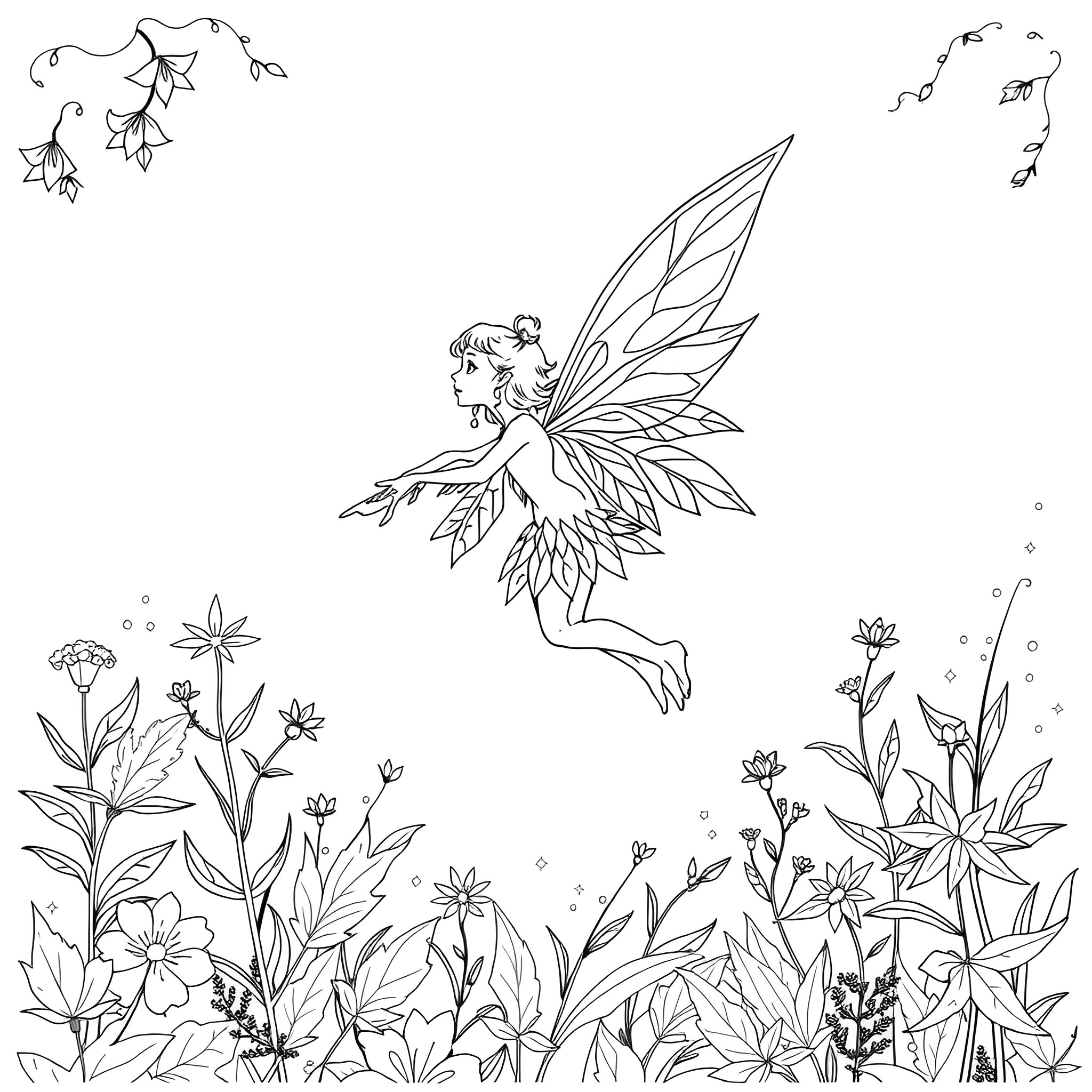 Fairy dancing amidst vibrant flowers and butterflies Coloring Page (free black-and-white line drawing printable PDF for all, from beginners to advanced learners, including children, teens, adults, and seniors)