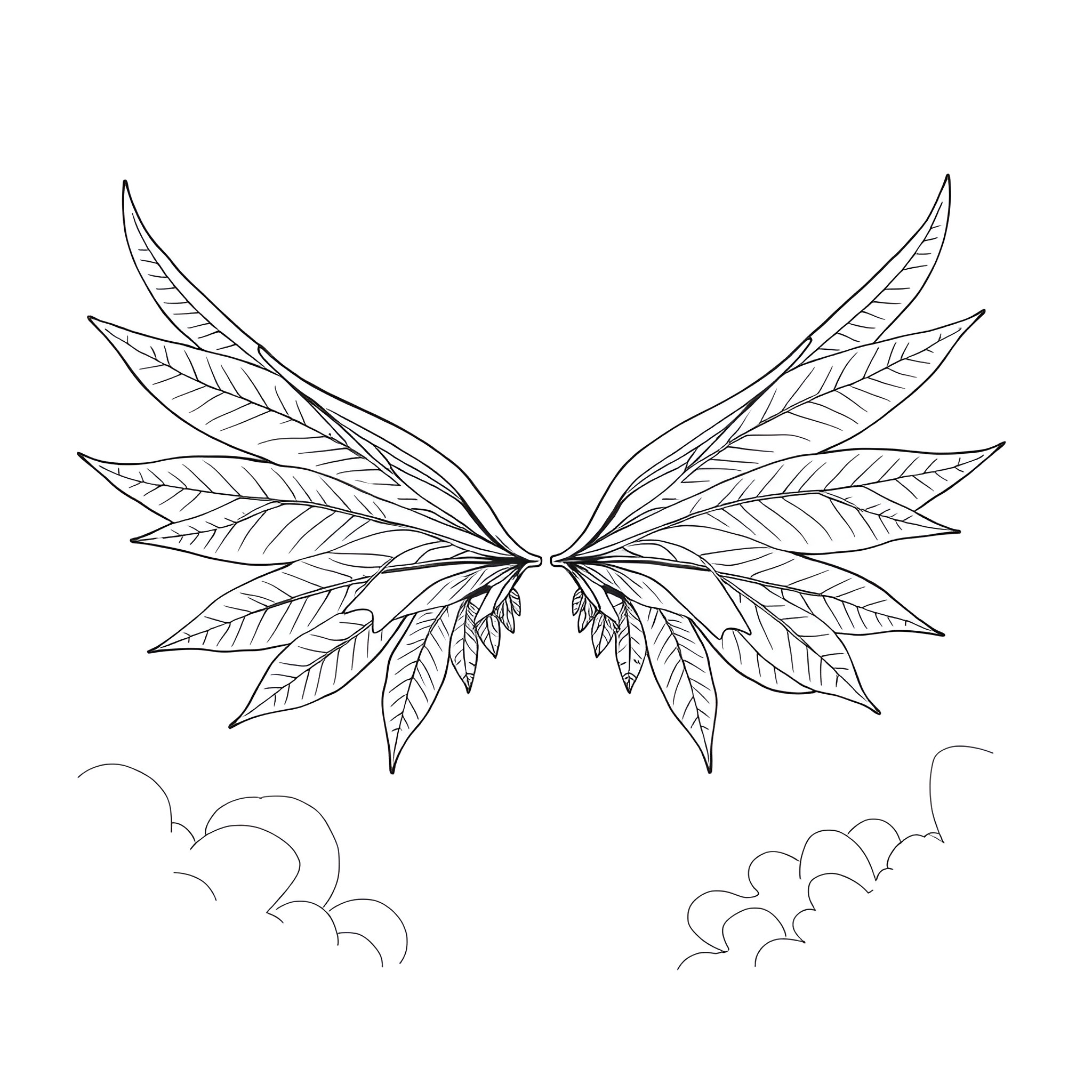 Cannabis Leaf Wings in the Cloudy Sky Coloring Page (free black-and-white line drawing printable PDF for all, from beginners to advanced learners, including children, teens, adults, and seniors)