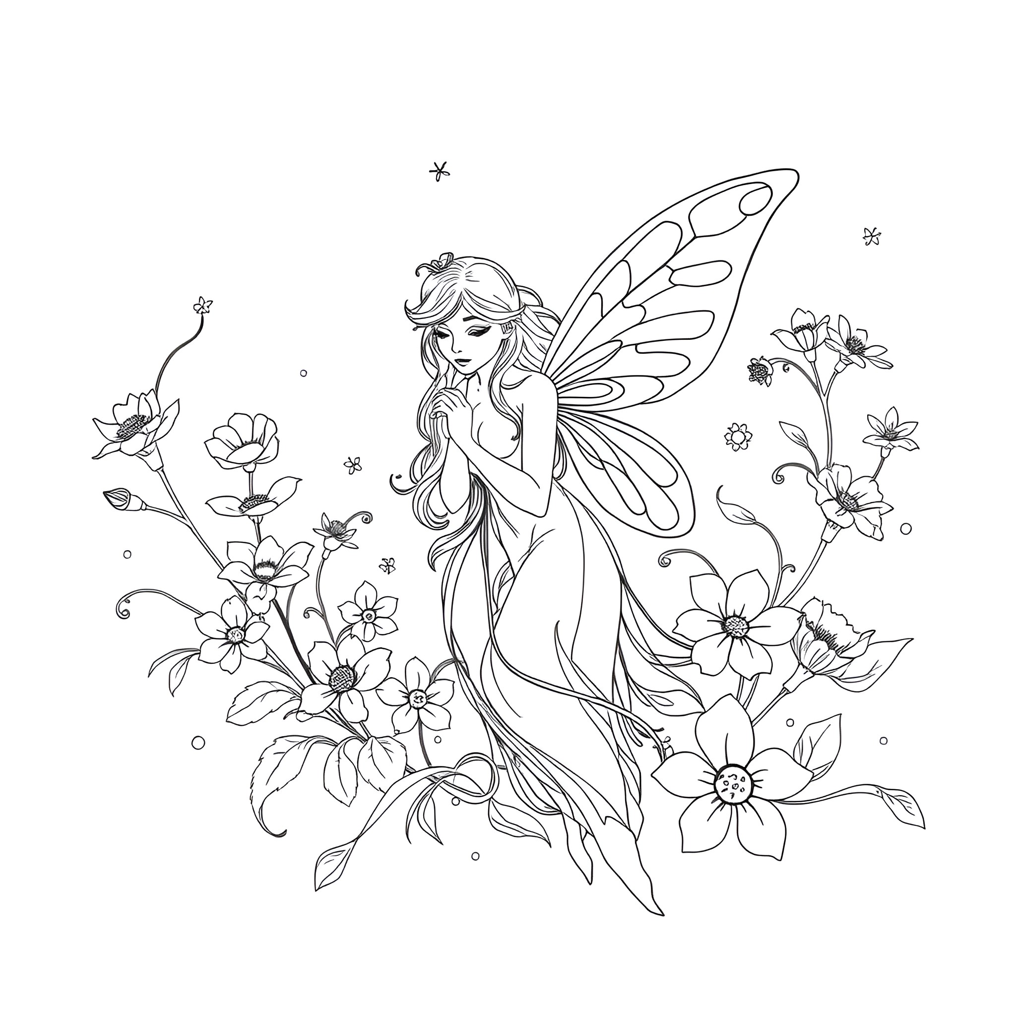 Fairy amidst a magical floral scene Coloring Page (free black-and-white line drawing printable PDF for all, from beginners to advanced learners, including children, teens, adults, and seniors)