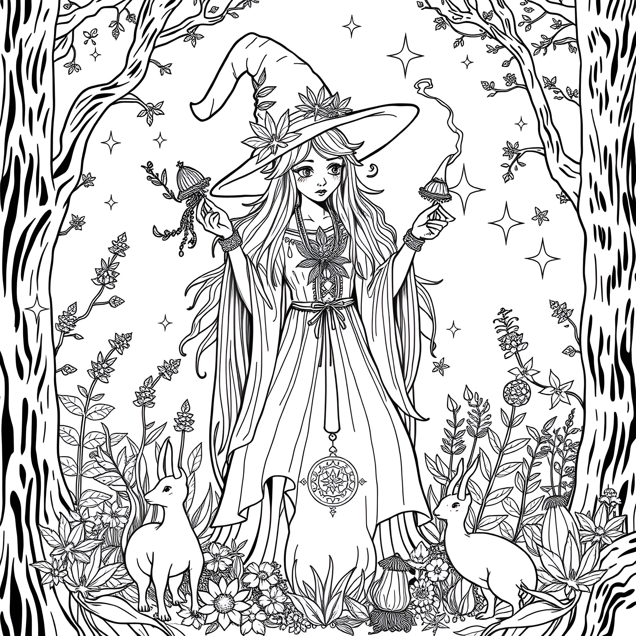 Cannabis Witch in a Magical Forest Coloring Page (free black-and-white line drawing printable PDF for all, from beginners to advanced learners, including children, teens, adults, and seniors)