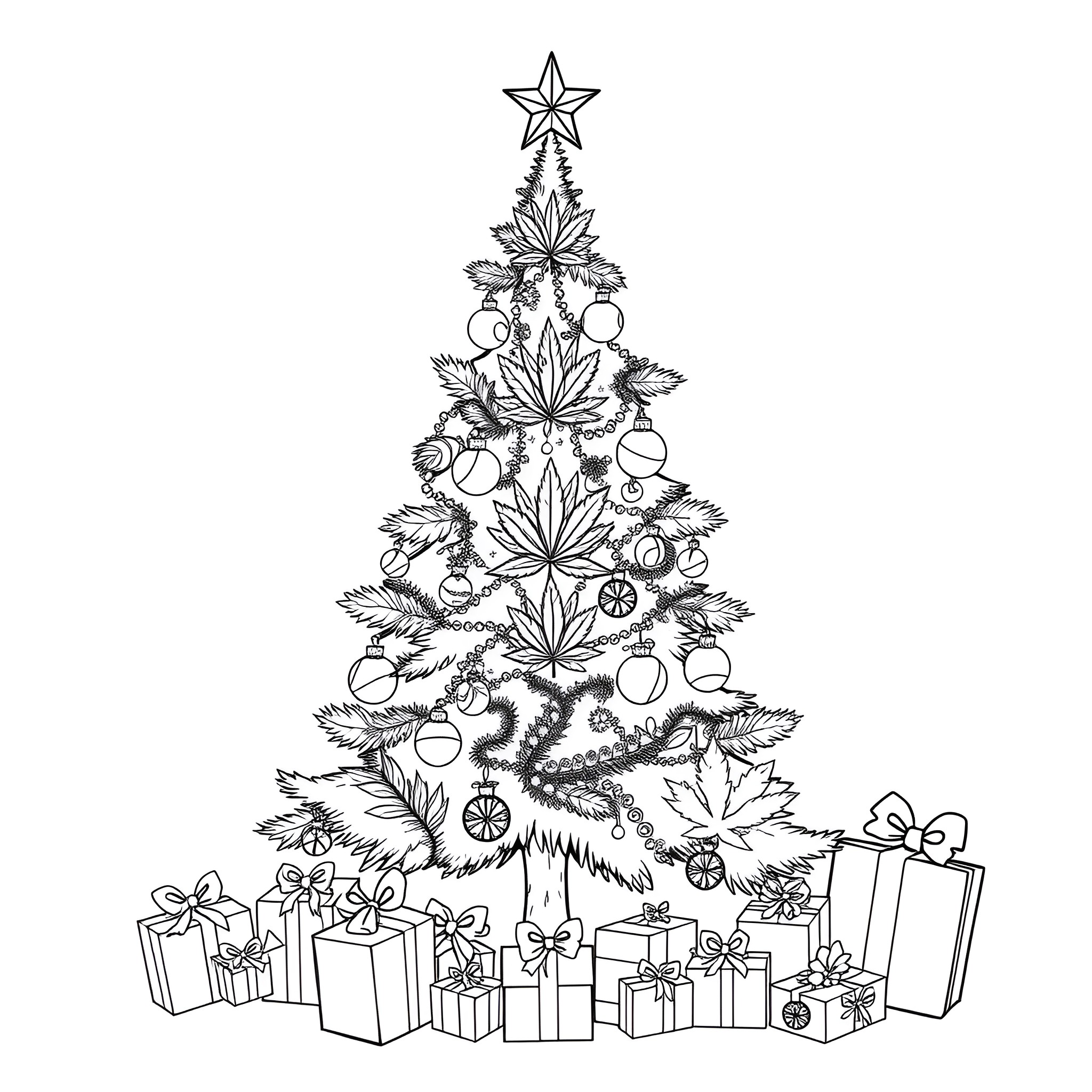 Cannabis-themed Christmas tree decorated with gifts Coloring Page (free black-and-white line drawing printable PDF for all, from beginners to advanced learners, including children, teens, adults, and seniors)