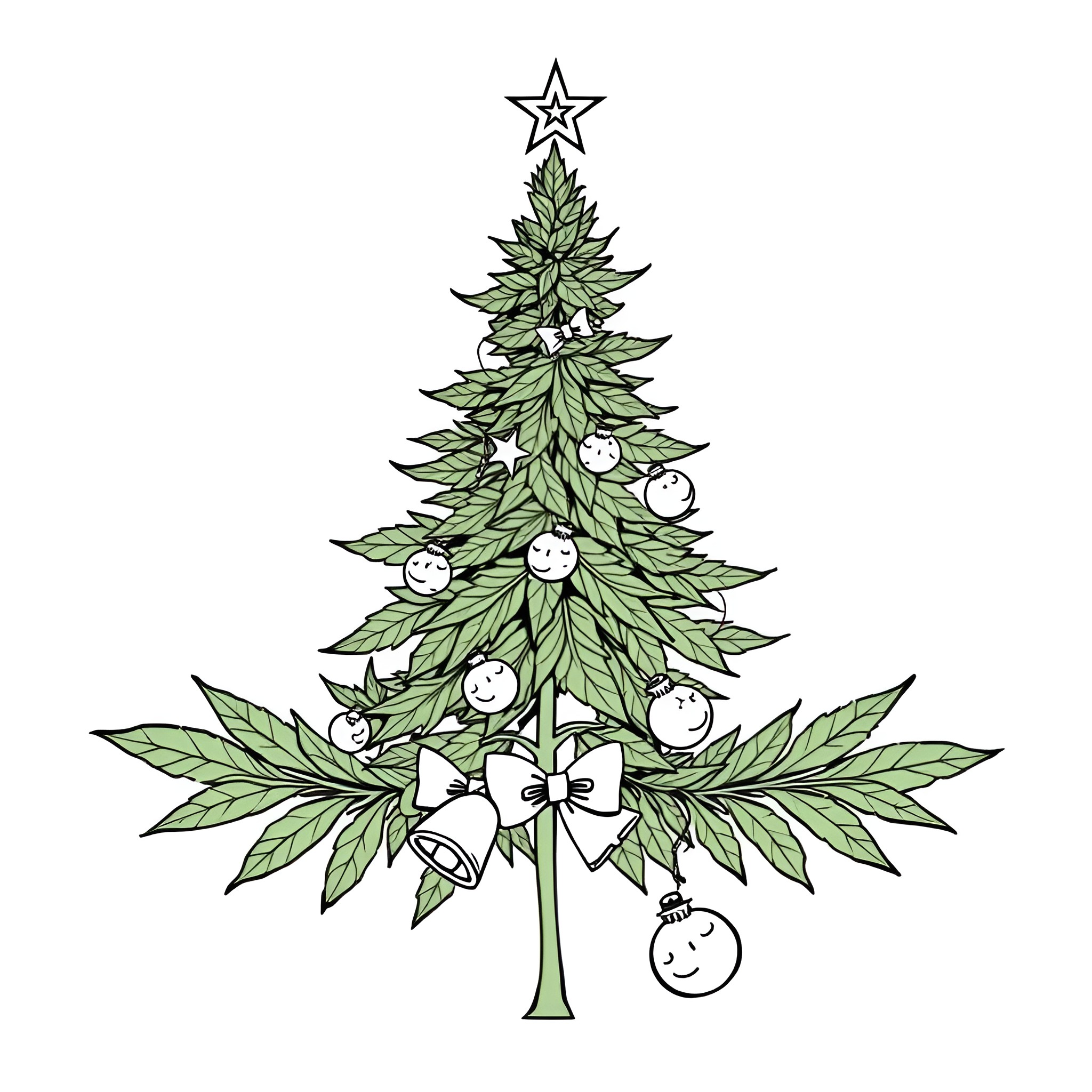 Cannabis-themed festive tree with ornaments Coloring Page (free black-and-white line drawing printable PDF for all, from beginners to advanced learners, including children, teens, adults, and seniors)