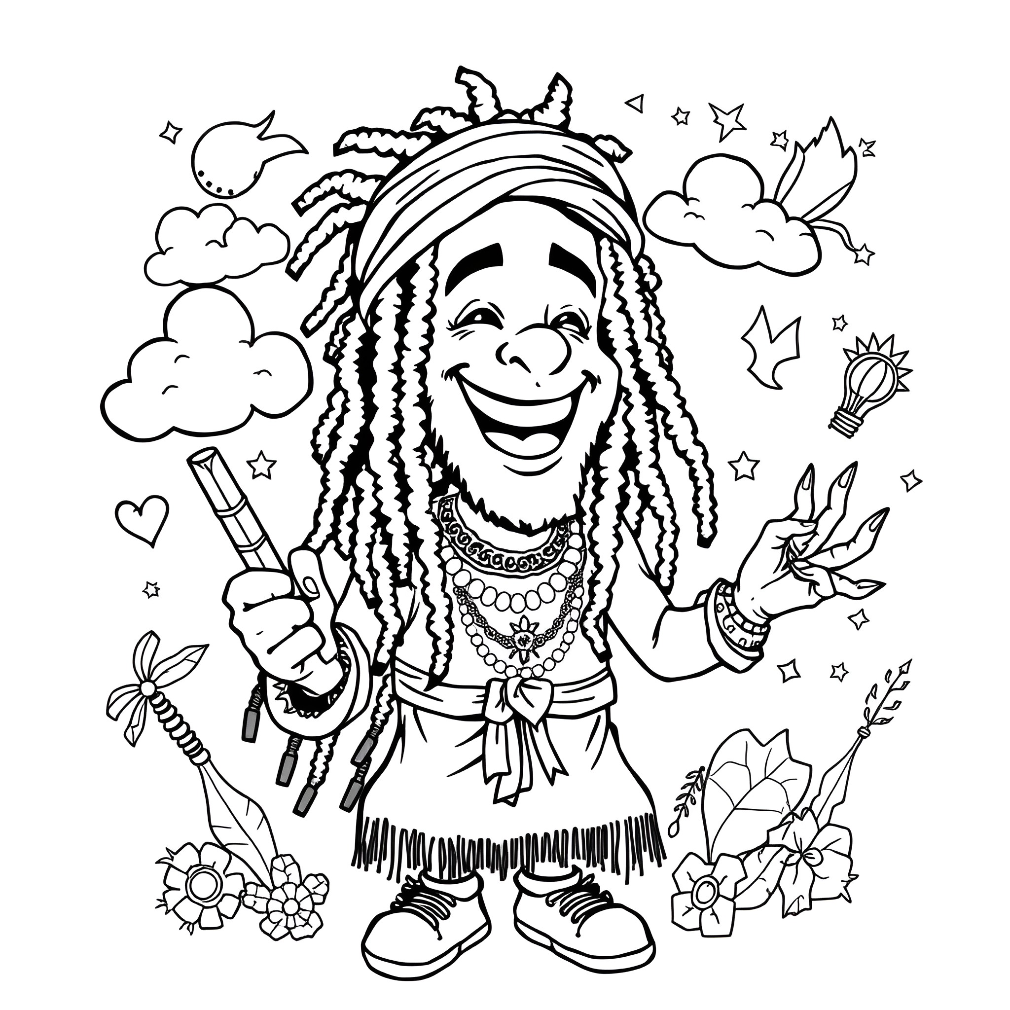 Cannabis Enthusiast's Joyful Expression Coloring Page (free black-and-white line drawing printable PDF for all, from beginners to advanced learners, including children, teens, adults, and seniors)