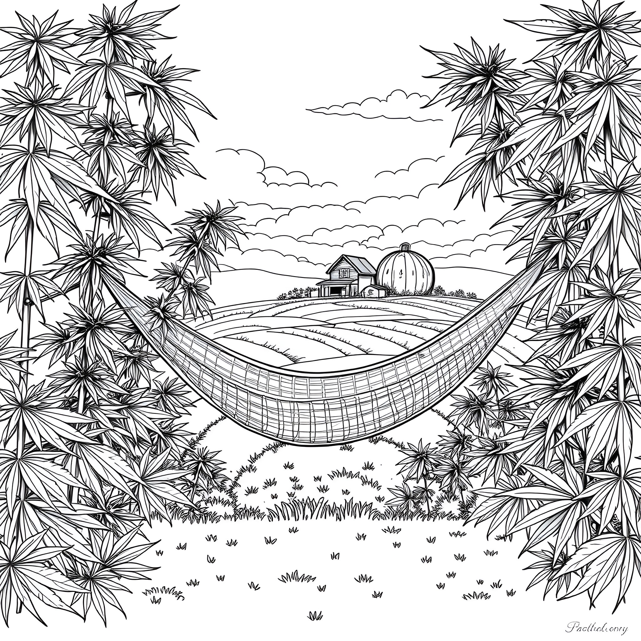 Hammock in a serene tropical landscape Coloring Page (free black-and-white line drawing printable PDF for all, from beginners to advanced learners, including children, teens, adults, and seniors)