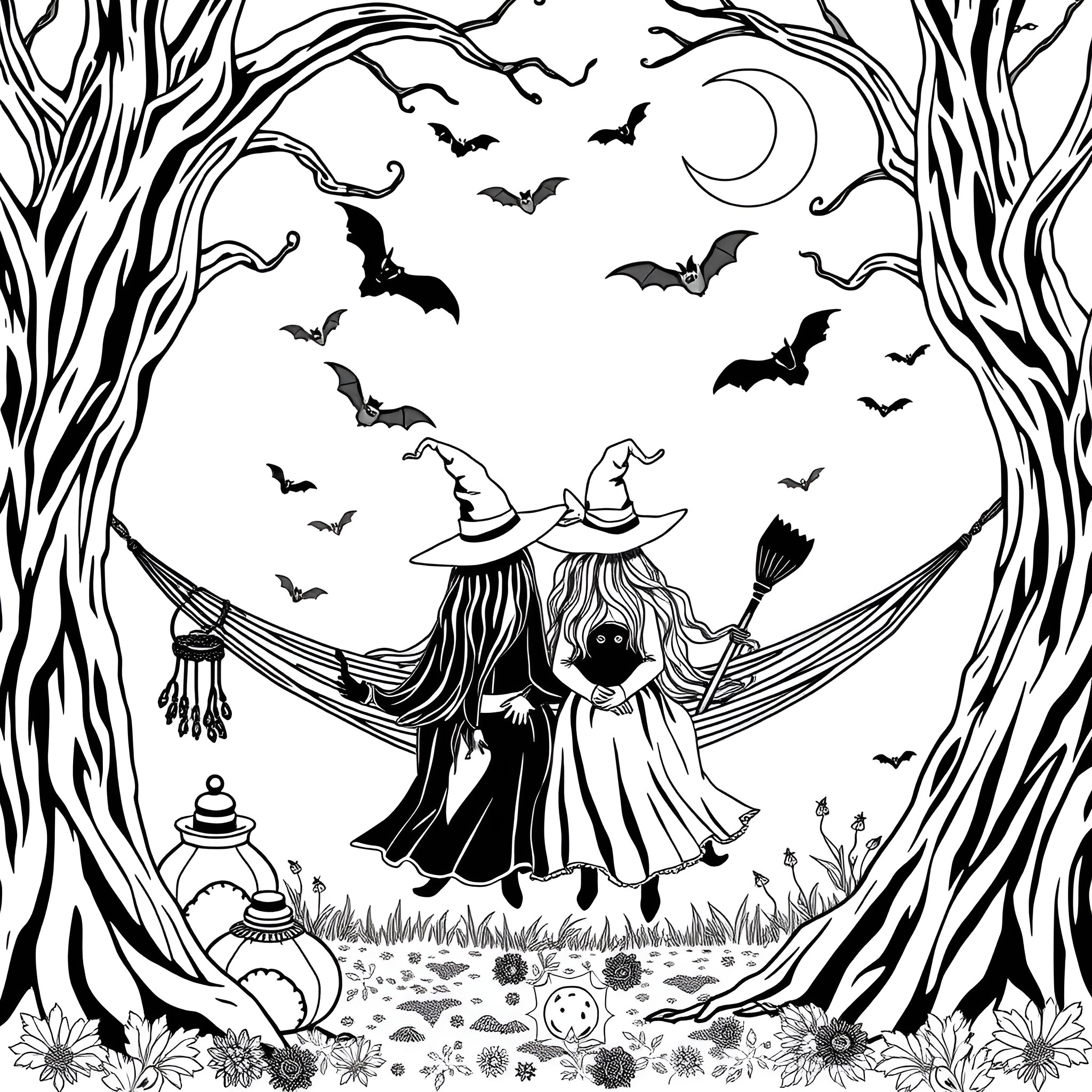 Witch couple dancing under the Halloween moon Coloring Page (free black-and-white line drawing printable PDF for all, from beginners to advanced learners, including children, teens, adults, and seniors)