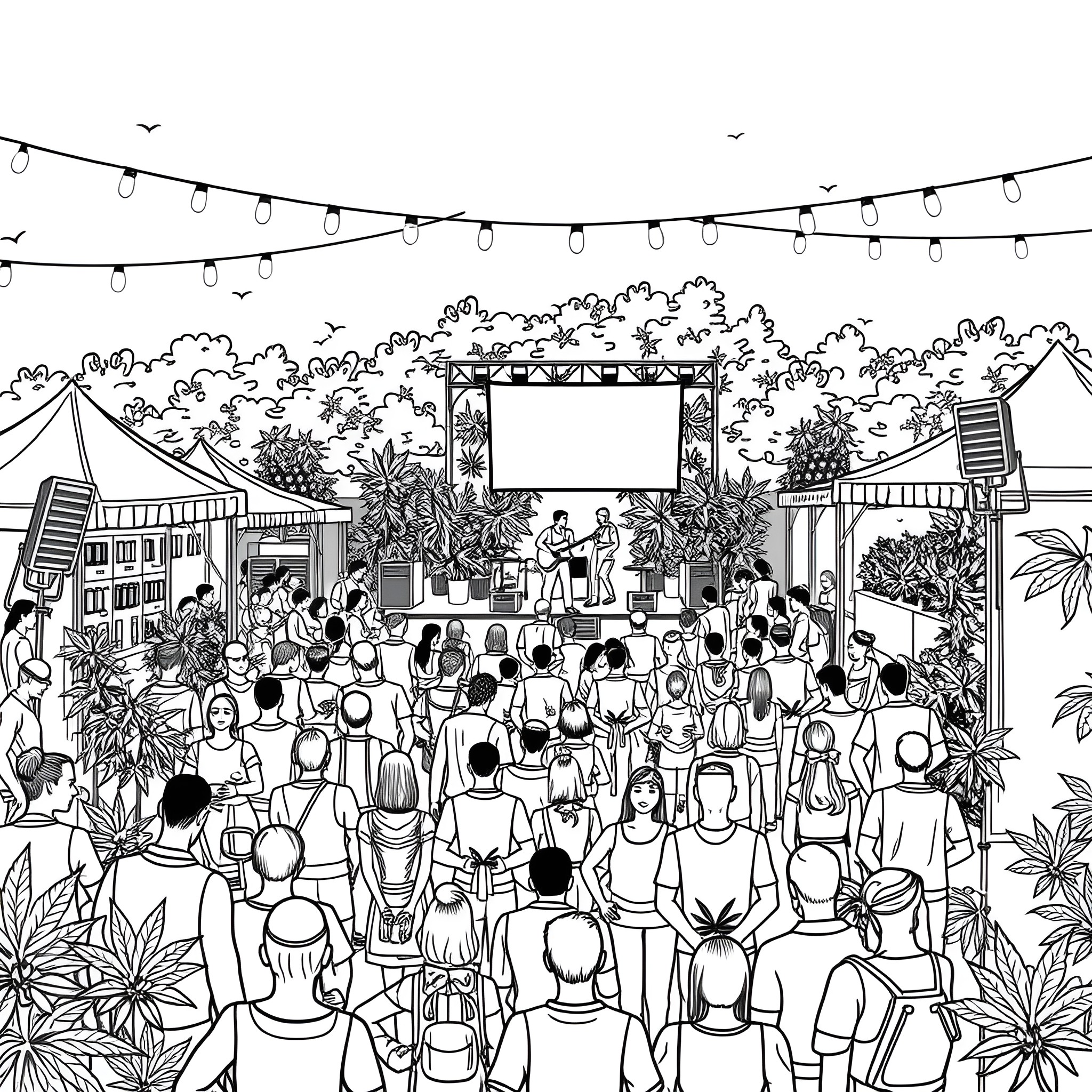 Cannabis festival with crowd enjoying music and entertainment Coloring Page (free black-and-white line drawing printable PDF for all, from beginners to advanced learners, including children, teens, adults, and seniors)