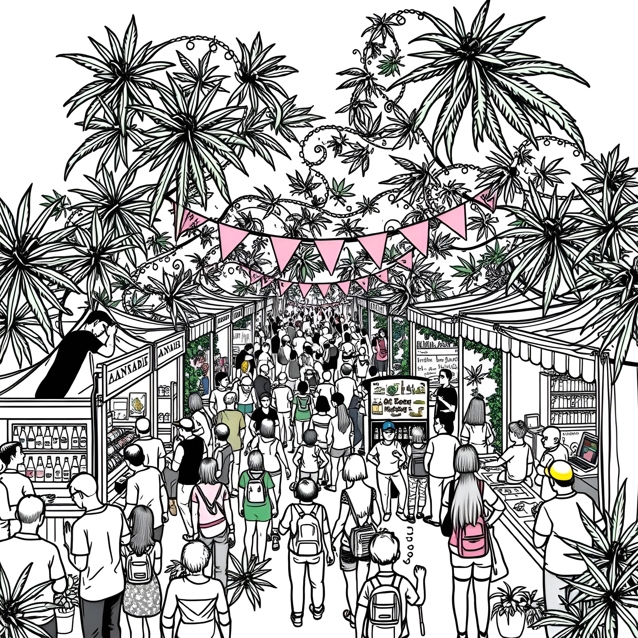 Cannabis festival with lively crowds and decorations Coloring Page (free black-and-white line drawing printable PDF for all, from beginners to advanced learners, including children, teens, adults, and seniors)