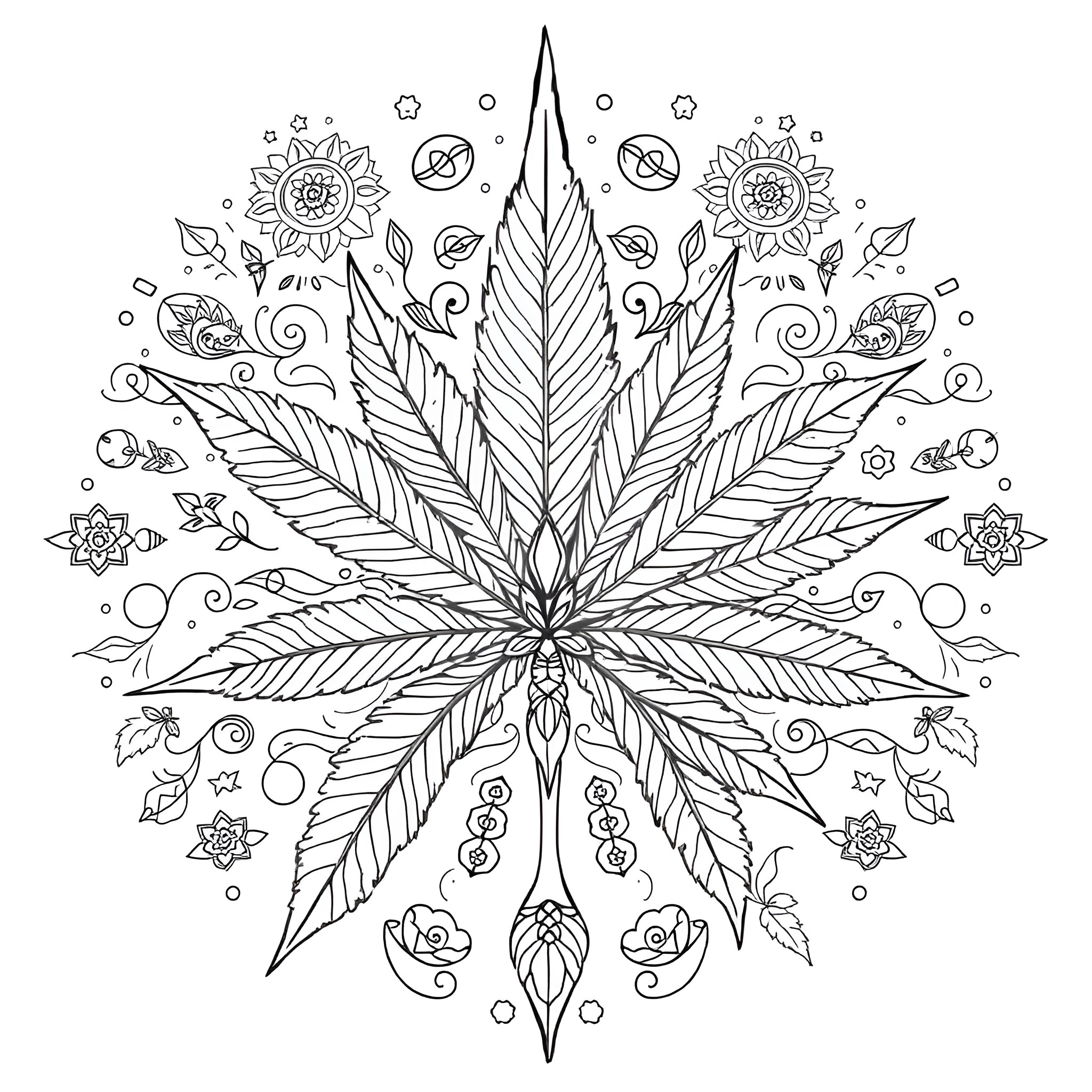 Cannabis leaf with ornamental floral patterns Coloring Page (free black-and-white line drawing printable PDF for all, from beginners to advanced learners, including children, teens, adults, and seniors)