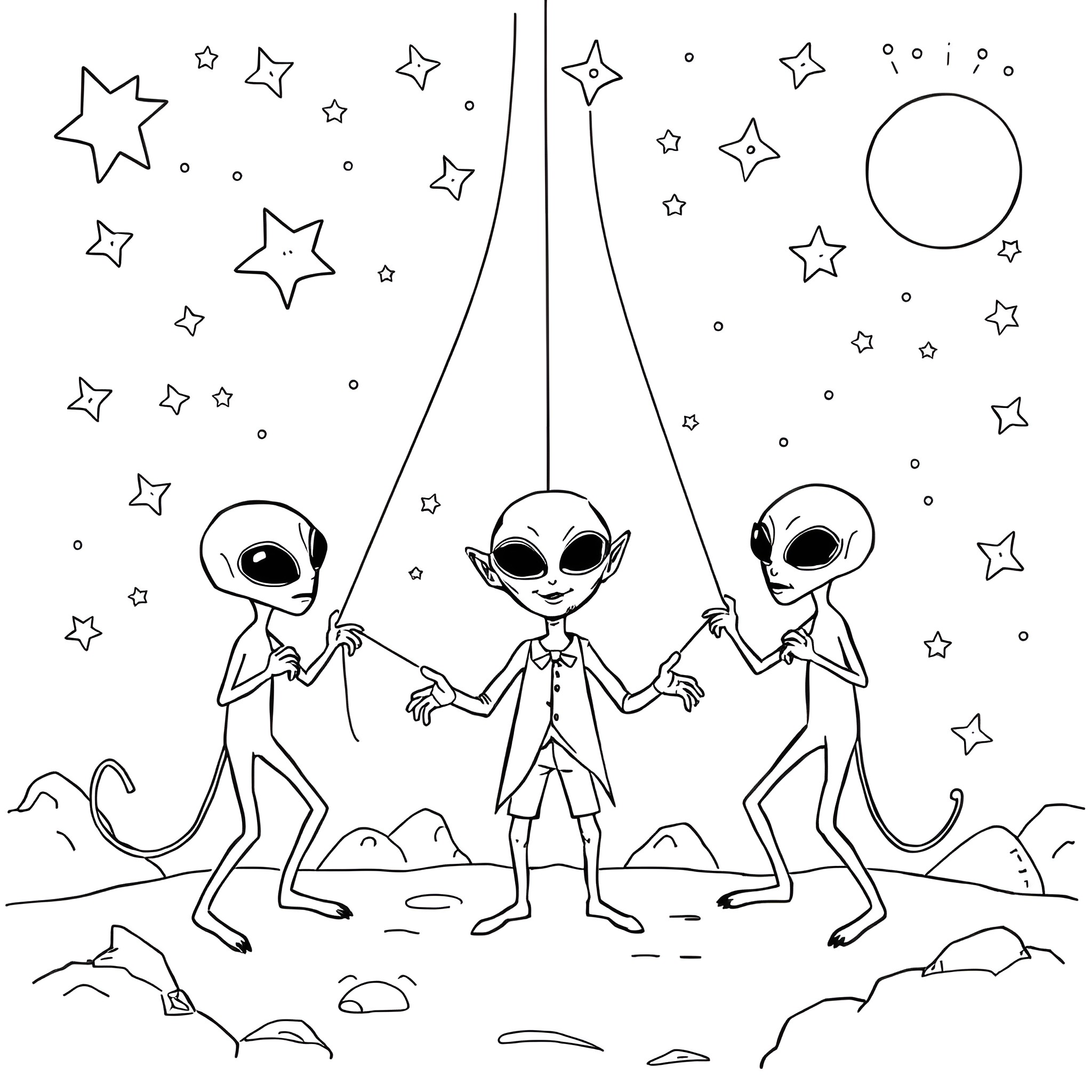 Alien trio dancing under the starry sky Coloring Page (free black-and-white line drawing printable PDF for all, from beginners to advanced learners, including children, teens, adults, and seniors)