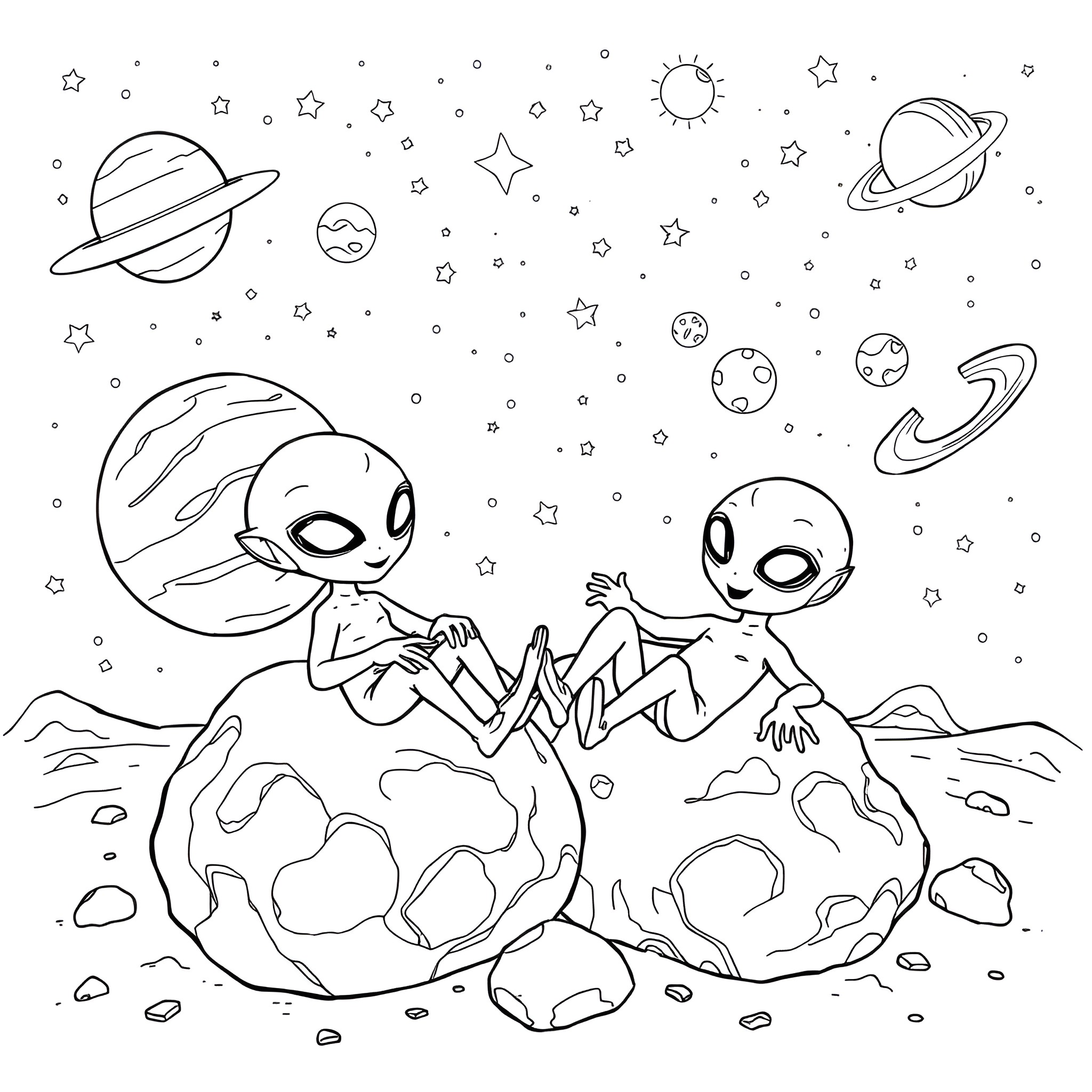 Alien Explorers Discovering New Planets Coloring Page (free black-and-white line drawing printable PDF for all, from beginners to advanced learners, including children, teens, adults, and seniors)