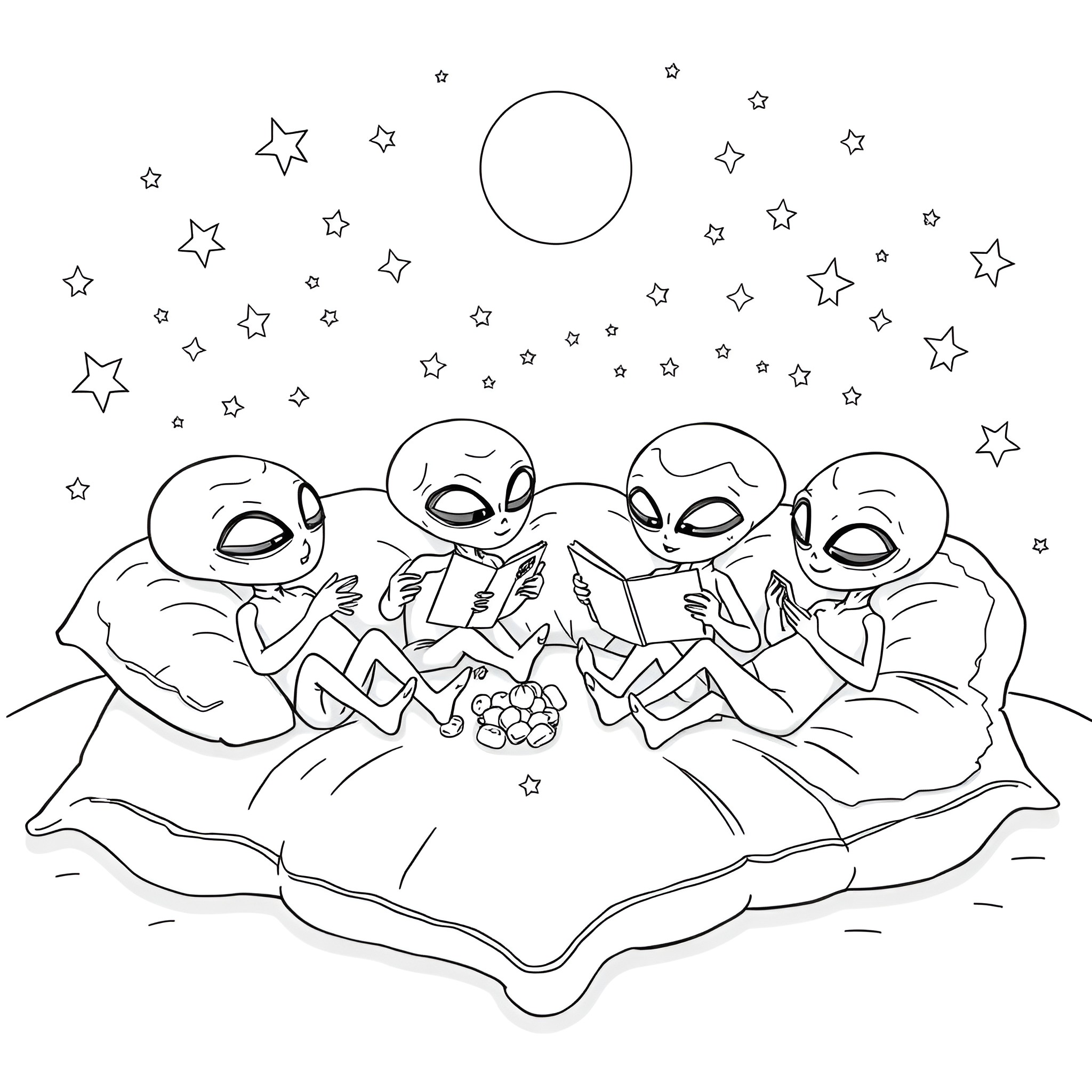 Alien creatures reading books under the starry night sky Coloring Page (free black-and-white line drawing printable PDF for all, from beginners to advanced learners, including children, teens, adults, and seniors)