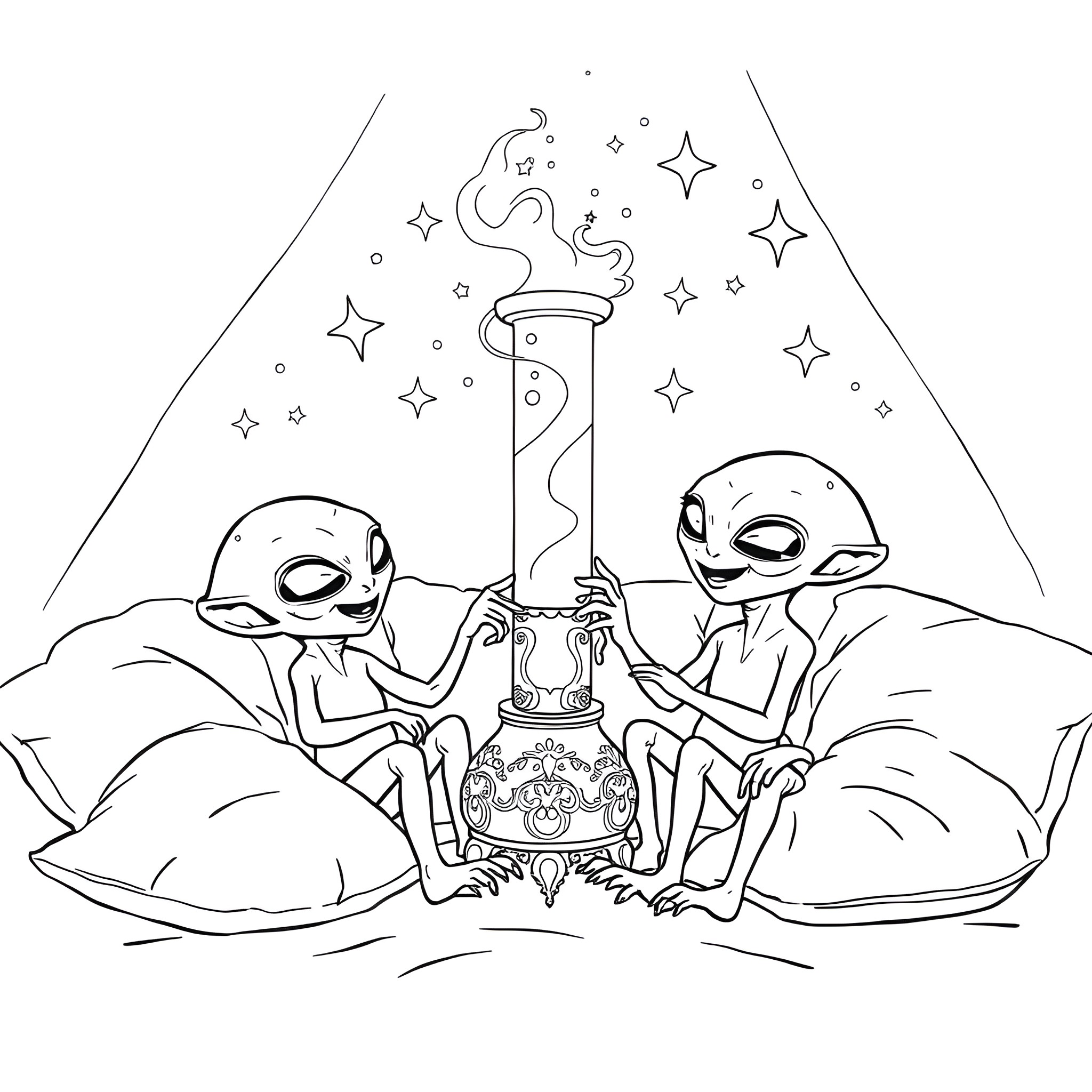 Alien Creatures Performing Ritual Under Starry Night Coloring Page (free black-and-white line drawing printable PDF for all, from beginners to advanced learners, including children, teens, adults, and seniors)