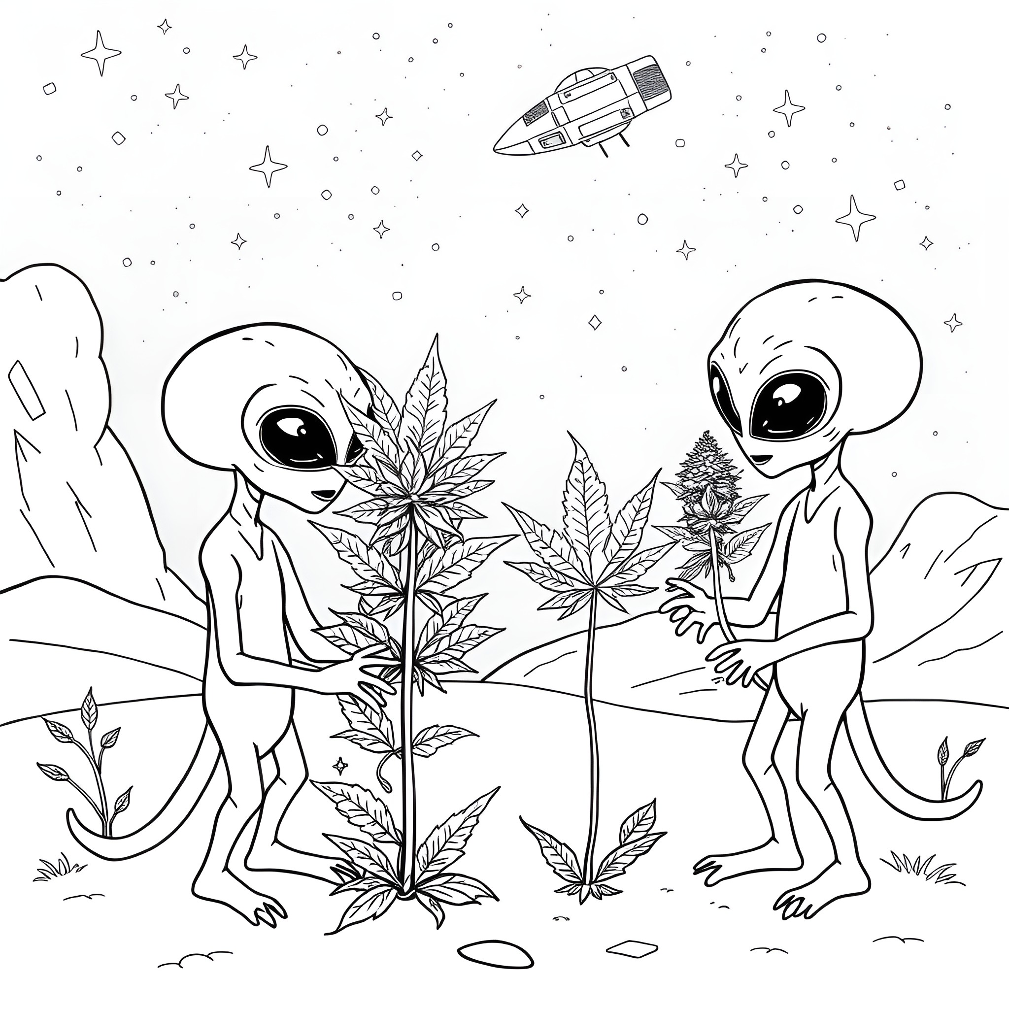 Alien Botanists Examining Strange Plants in Cosmic Landscape Coloring Page (free black-and-white line drawing printable PDF for all, from beginners to advanced learners, including children, teens, adults, and seniors)