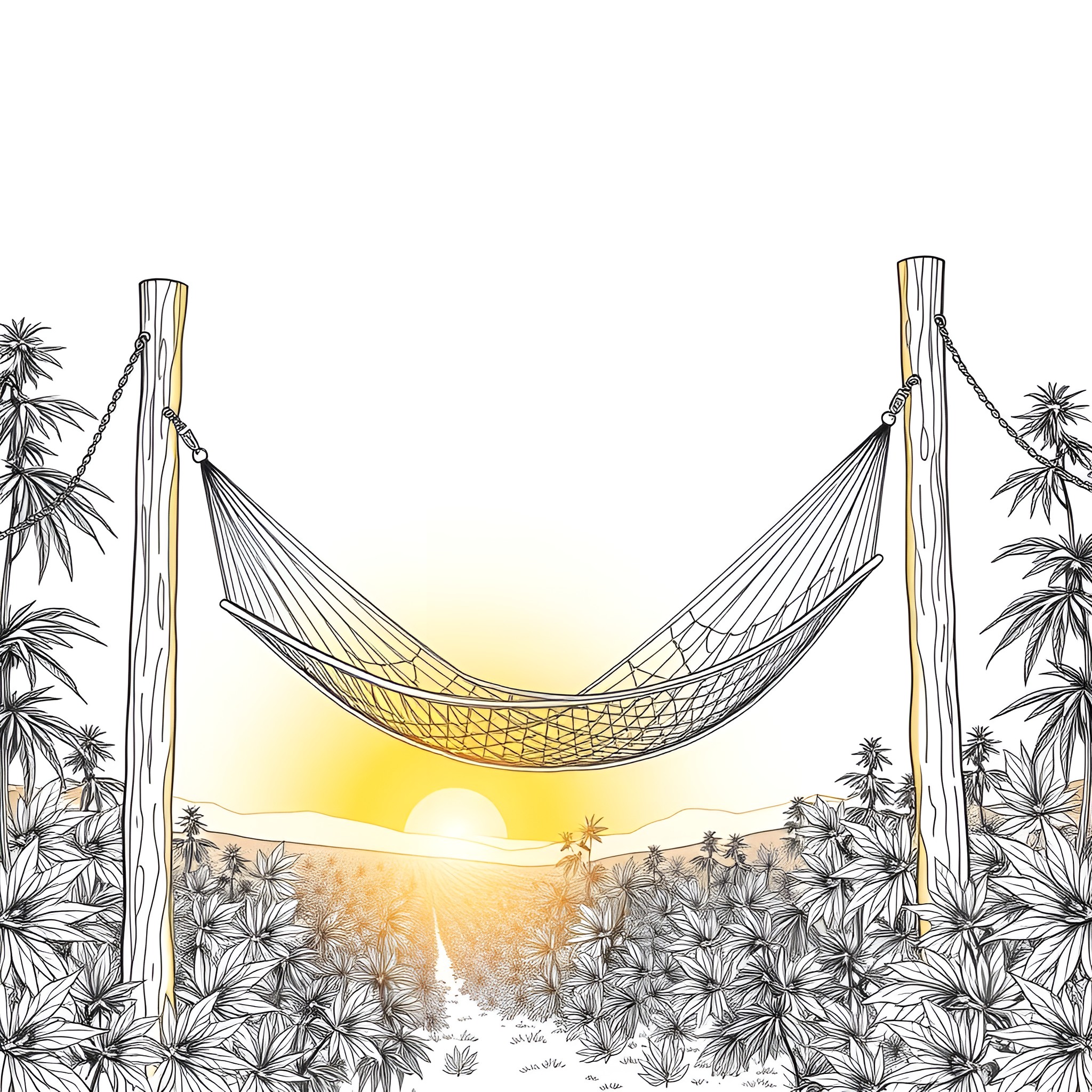 Hammock relaxation amid tropical foliage Coloring Page (free black-and-white line drawing printable PDF for all, from beginners to advanced learners, including children, teens, adults, and seniors)