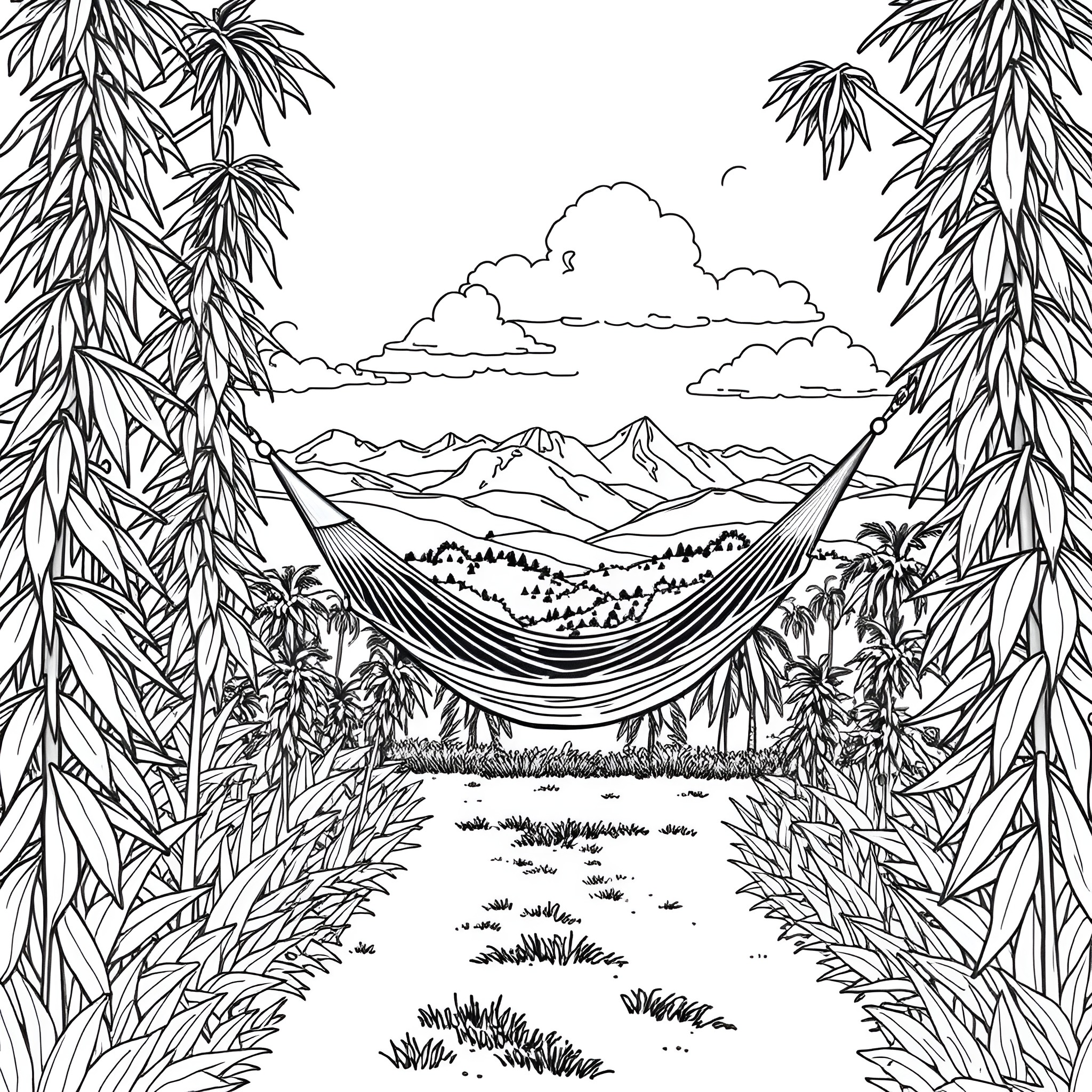 Hammock amidst tropical landscape and mountains Coloring Page (free black-and-white line drawing printable PDF for all, from beginners to advanced learners, including children, teens, adults, and seniors)