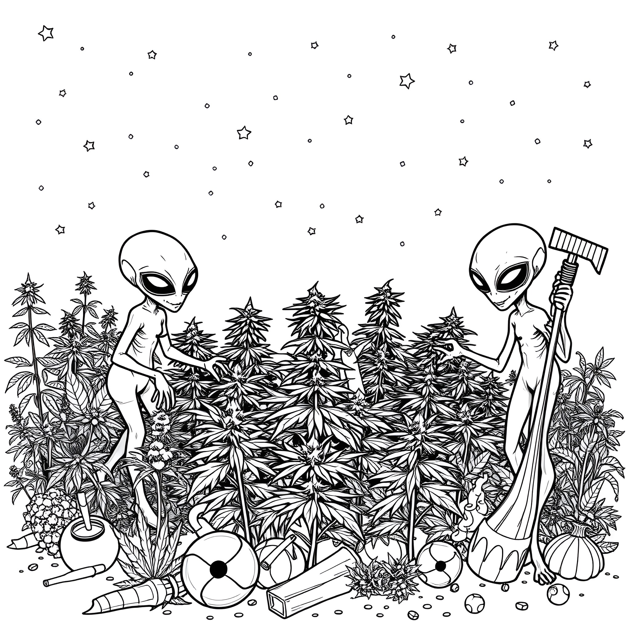 Alien Farmers Tending to Extraterrestrial Crops Coloring Page (free black-and-white line drawing printable PDF for all, from beginners to advanced learners, including children, teens, adults, and seniors)