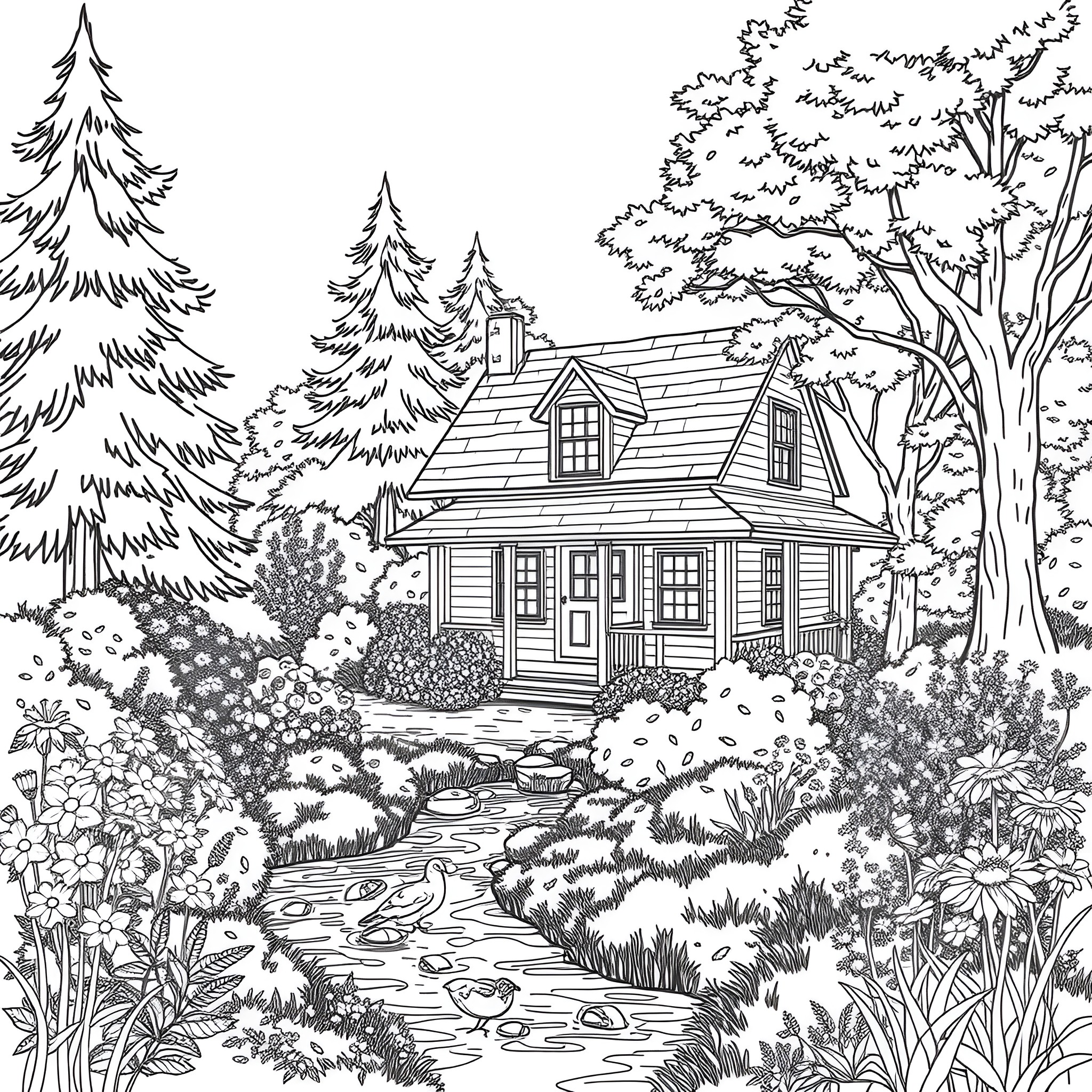 Cottagecore - Charming cabin in serene forest landscape Coloring Page (free black-and-white line drawing printable PDF for all, from beginners to advanced learners, including children, teens, adults, and seniors)