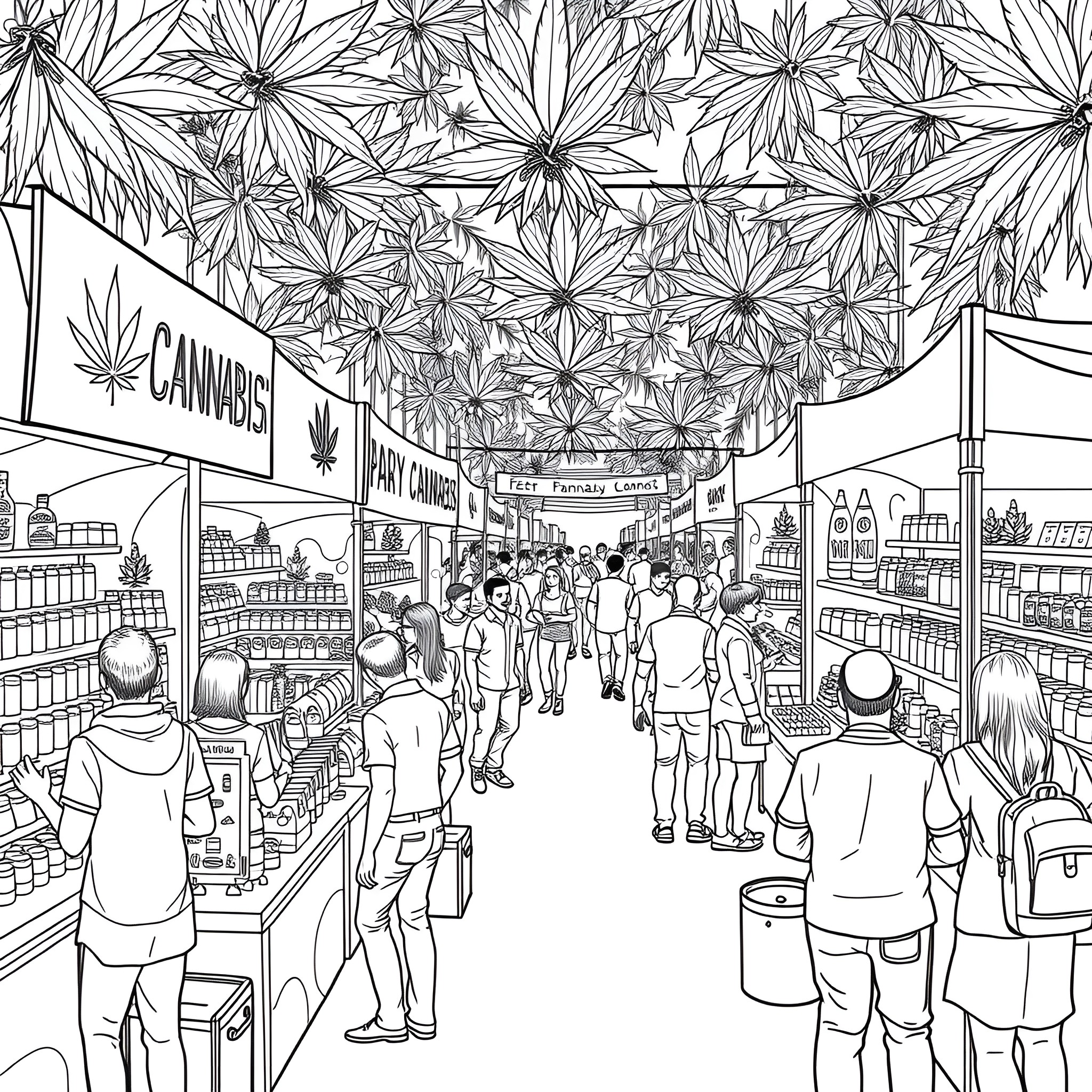 Cannabis-themed retail store with customers in a busy scene Coloring Page (free black-and-white line drawing printable PDF for all, from beginners to advanced learners, including children, teens, adults, and seniors)